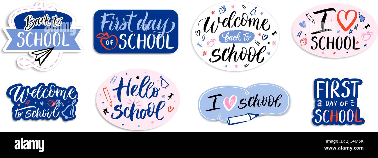 Bienvenue aux badges de l'école. Étiquettes à lettrage dessinées à la main, étiquettes typographiques éducatives et ensembles de vecteurs d'emblèmes Illustration de Vecteur