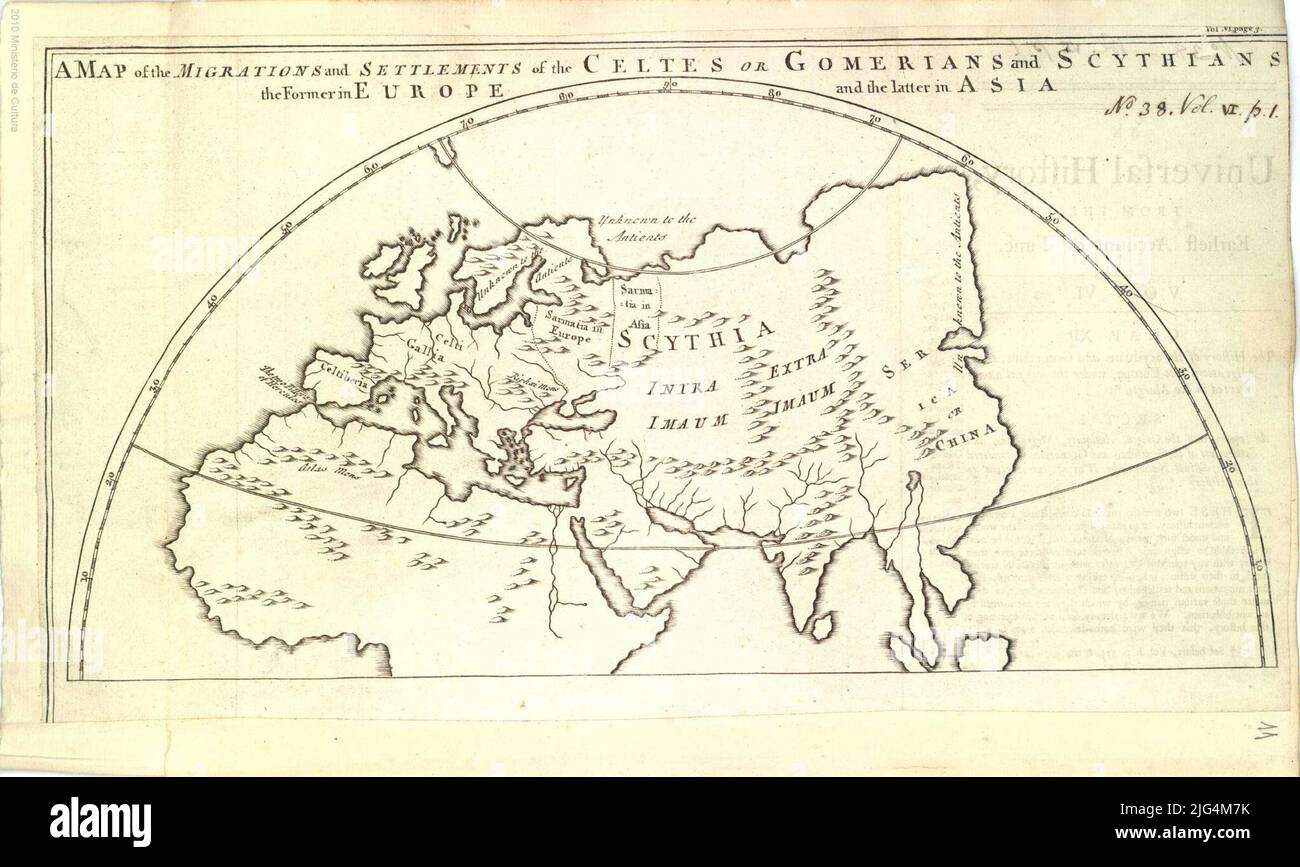 Une carte des migrations et des colonies des Celtes ou des Gomeriens et des Scythiens des Formerin Europe et de ces derniers en Asie. Profil de réseau hydrographique diplômé indique le tropique du tropique des mers cancéreuses mis en évidence avec une fine rayée dans le coin supérieur gauche Authery texte manuscrit: 'Nº 38. Vol. VI. P. 1' copie numérique. Madrid : Ministère de la culture, 2010 Banque D'Images
