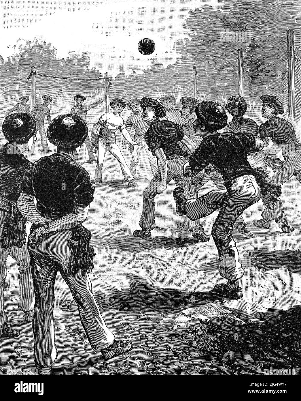 Junge Männer beim Fußbaldspiel in einer Sportstätte in London im Jahre 1870, England, digital restaurierte Reproduktion einer Originalvorlage aus dem 19. Jahrhundert, genaues Originaldatum nicht bekannt / jeunes hommes jouant au football dans un centre sportif de Londres en 1870, Angleterre, a restauré numériquement la reproduction d'une œuvre originale de 19th siècle, date exacte originale inconnue Banque D'Images