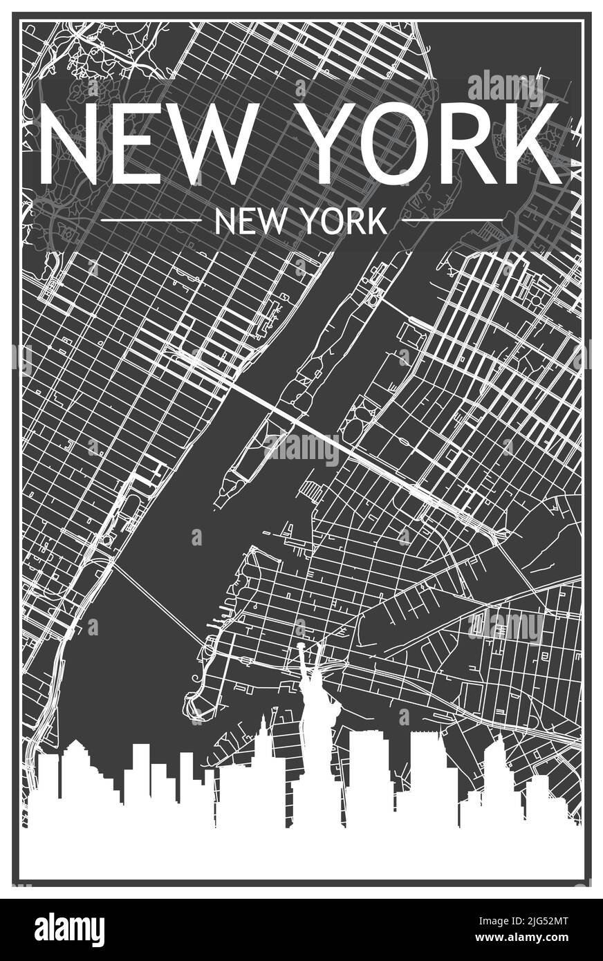 Affiche de la ville imprimée en noir avec vue panoramique et rues dessinées à la main sur fond gris foncé du centre-ville DE NEW YORK, NEW YORK Illustration de Vecteur