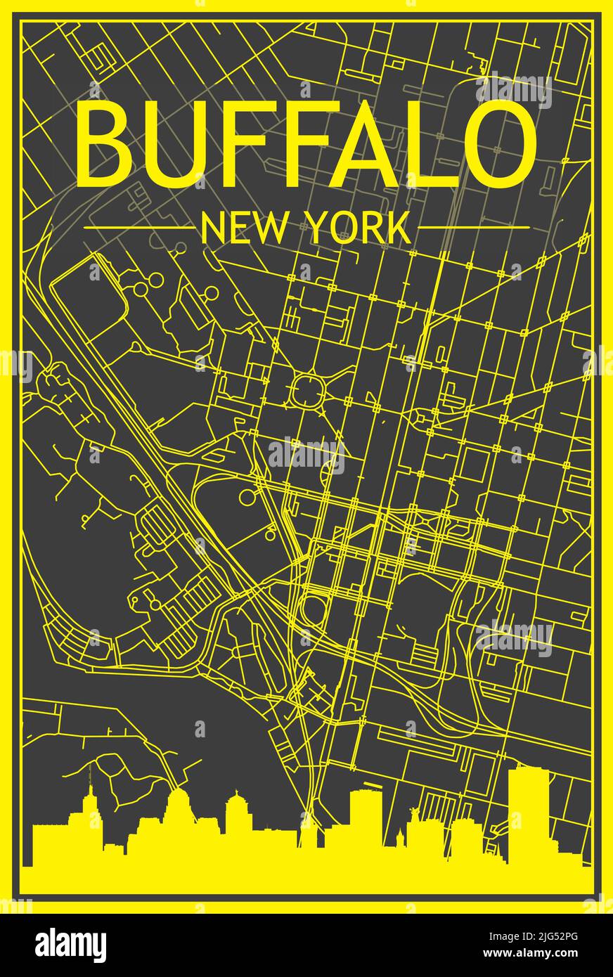 Affiche de ville imprimée en jaune avec vue panoramique et rues dessinées à la main sur fond gris foncé du centre-ville DE BUFFALO, NEW YORK Illustration de Vecteur