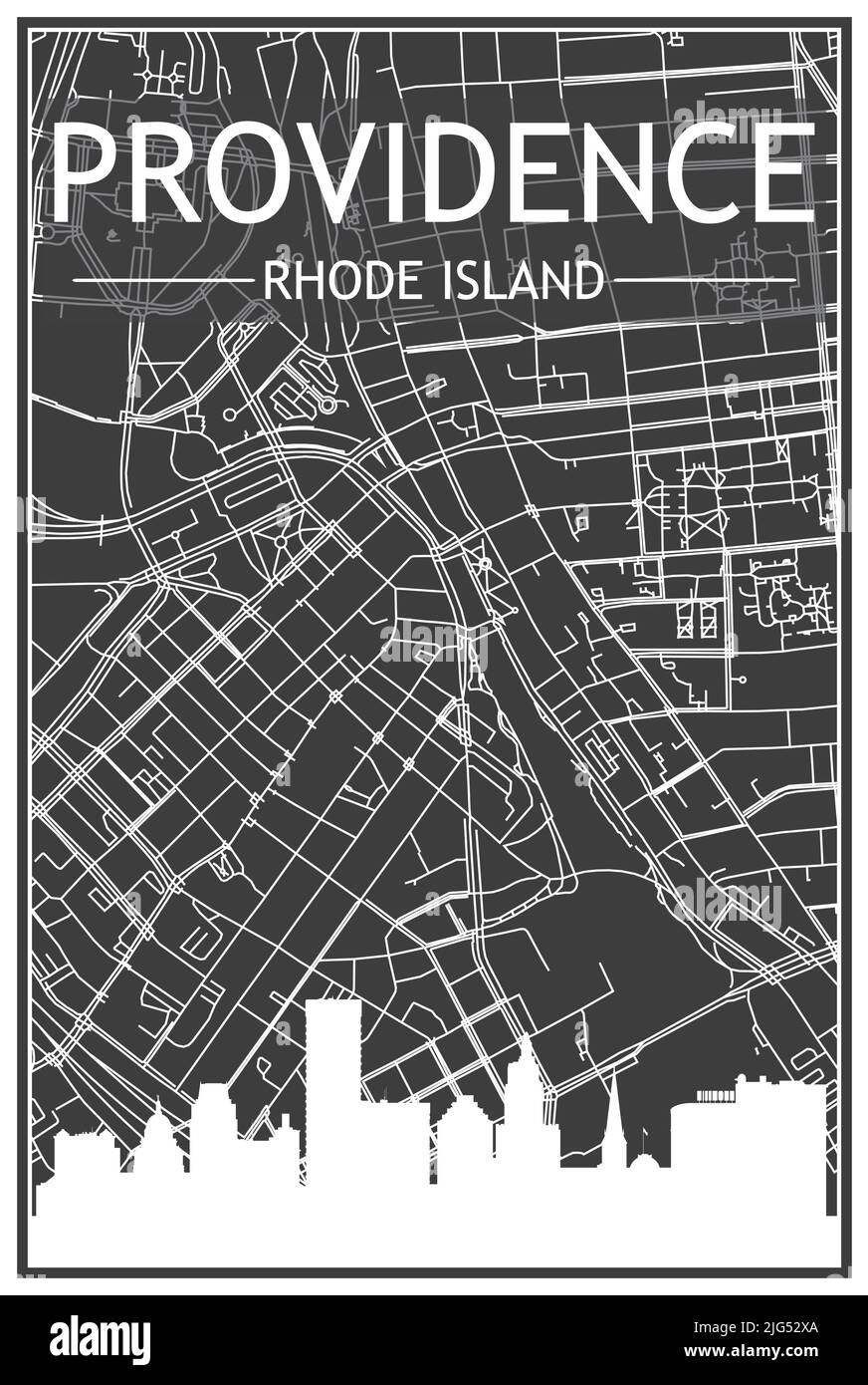 Affiche de ville imprimée en noir avec vue panoramique et rues dessinées à la main sur fond gris foncé du centre-ville DE PROVIDENCE, RHODE ISLAND Illustration de Vecteur