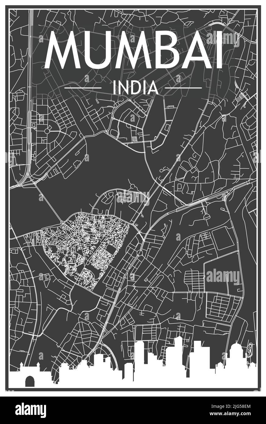 Impression sombre affiche de la ville avec vue panoramique et rues dessinées à la main sur fond gris foncé du centre ville DE MUMBAI, INDE Illustration de Vecteur