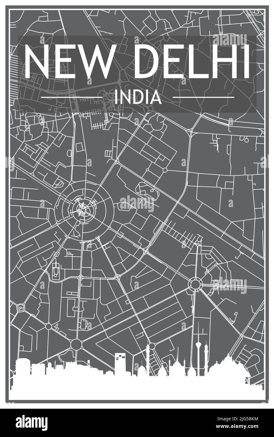 Affiche de ville sombre avec vue panoramique et rues dessinées à la main sur fond gris foncé du centre-ville DE NEW DELHI, EN INDE Illustration de Vecteur