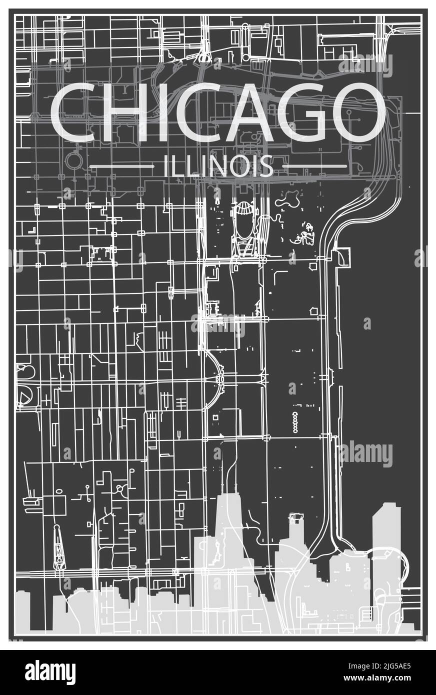 Affiche de ville imprimée en noir avec vue panoramique sur les gratte-ciel et les rues sur fond gris foncé du centre-ville DE CHICAGO, ILLINOIS Illustration de Vecteur