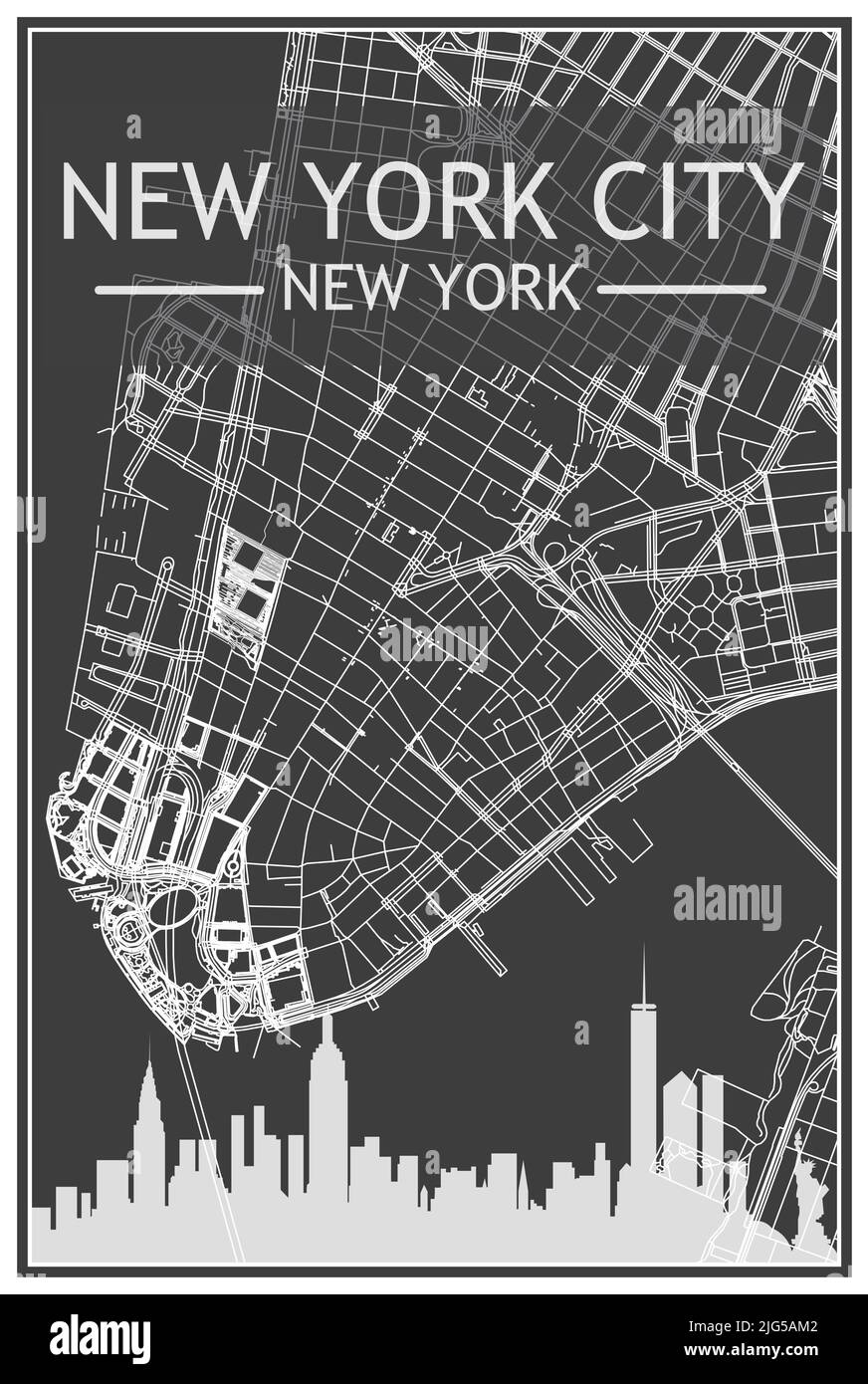 Affiche de ville imprimée en noir avec vue panoramique sur les gratte-ciel et les rues sur fond gris foncé du centre-ville DE NEW YORK, NEW YORK Illustration de Vecteur
