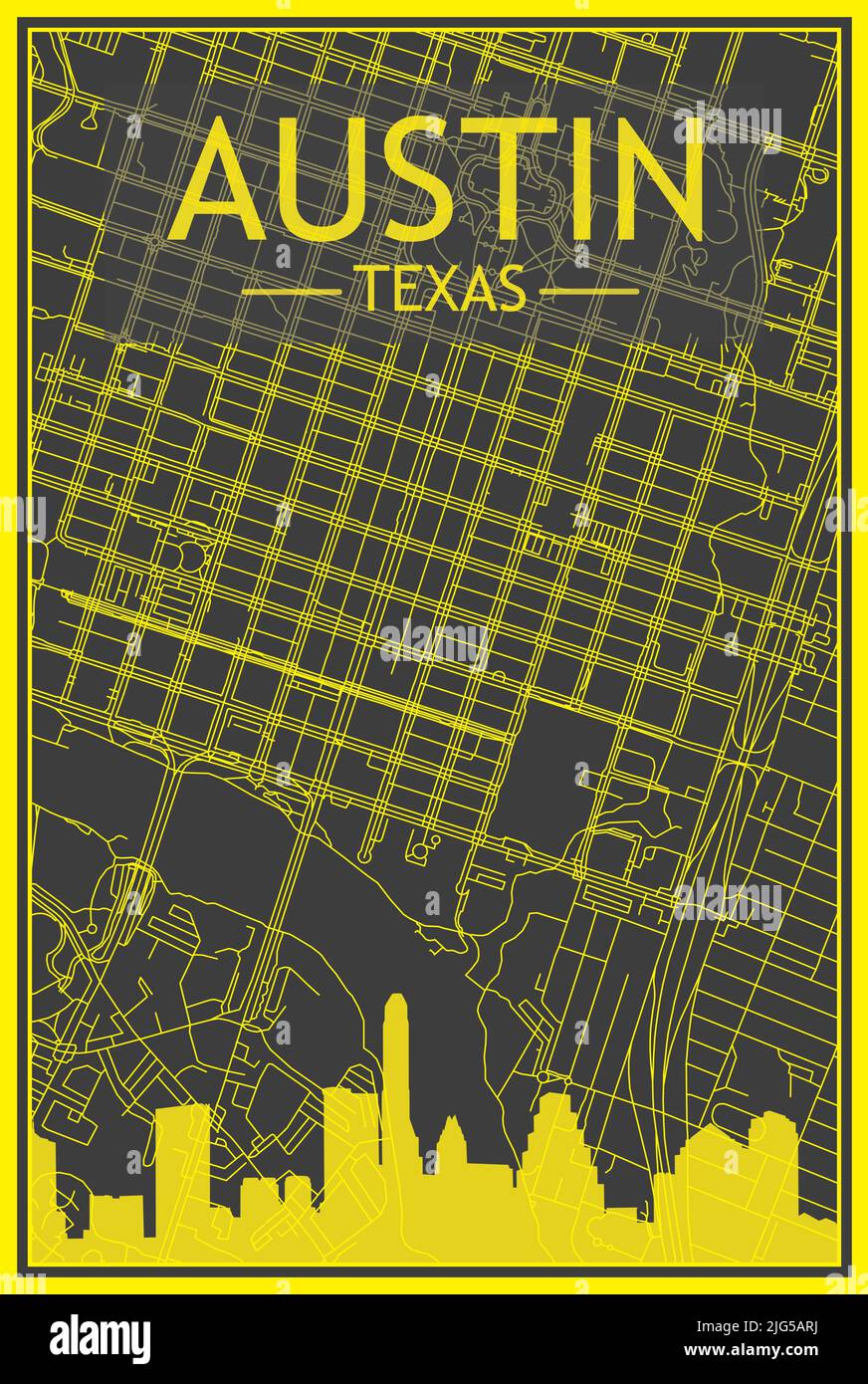 Affiche de ville imprimée en jaune avec vue panoramique sur les gratte-ciel et les rues sur fond gris foncé du centre-ville D'AUSTIN, TEXAS Illustration de Vecteur