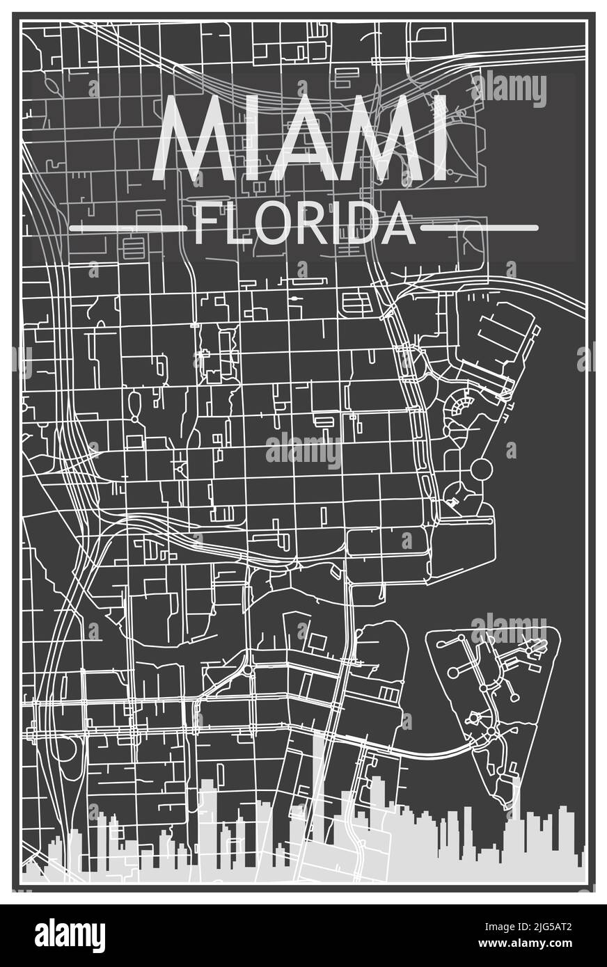 Affiche de ville imprimée en noir avec vue panoramique sur les gratte-ciel et les rues sur fond gris foncé du centre-ville DE MIAMI, EN FLORIDE Illustration de Vecteur