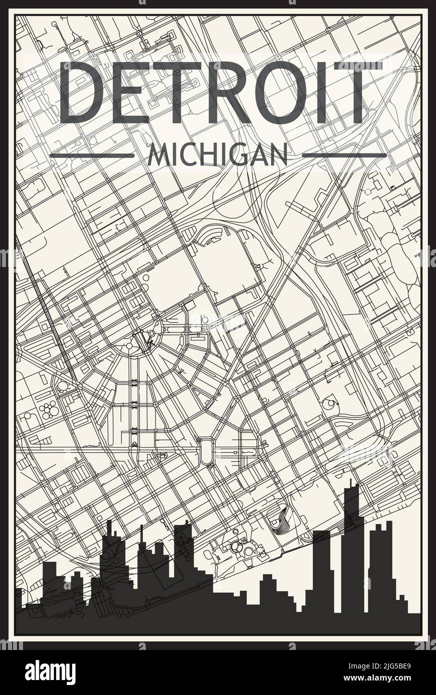 Affiche de ville à imprimé lumineux avec vue panoramique sur les gratte-ciel et les rues sur fond beige vintage du centre-ville DE DETROIT, MICHIGAN Illustration de Vecteur