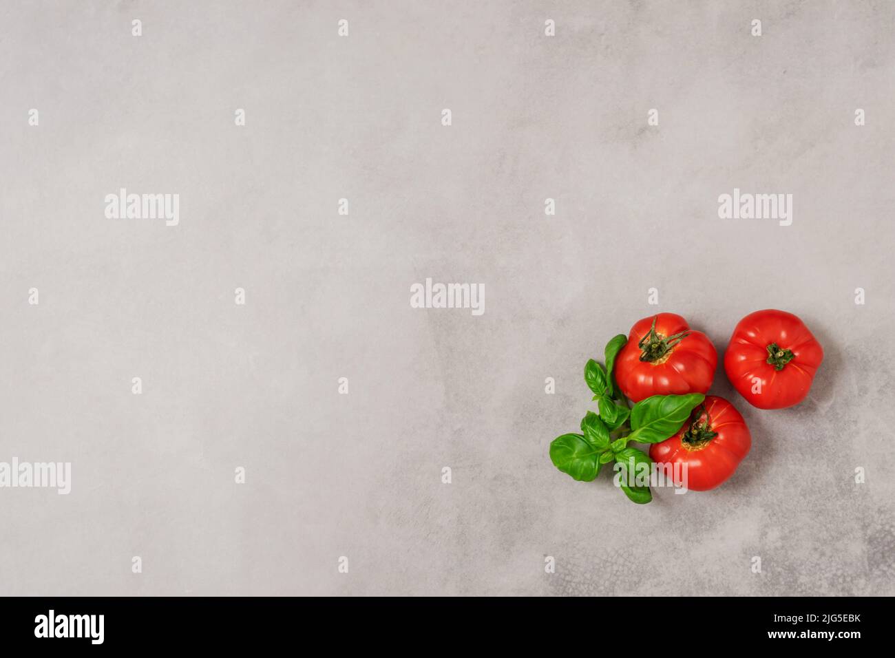 Tomates mûres basilic ail fond en béton gris. Ingrédients légumes frais, régime végétarien Banque D'Images