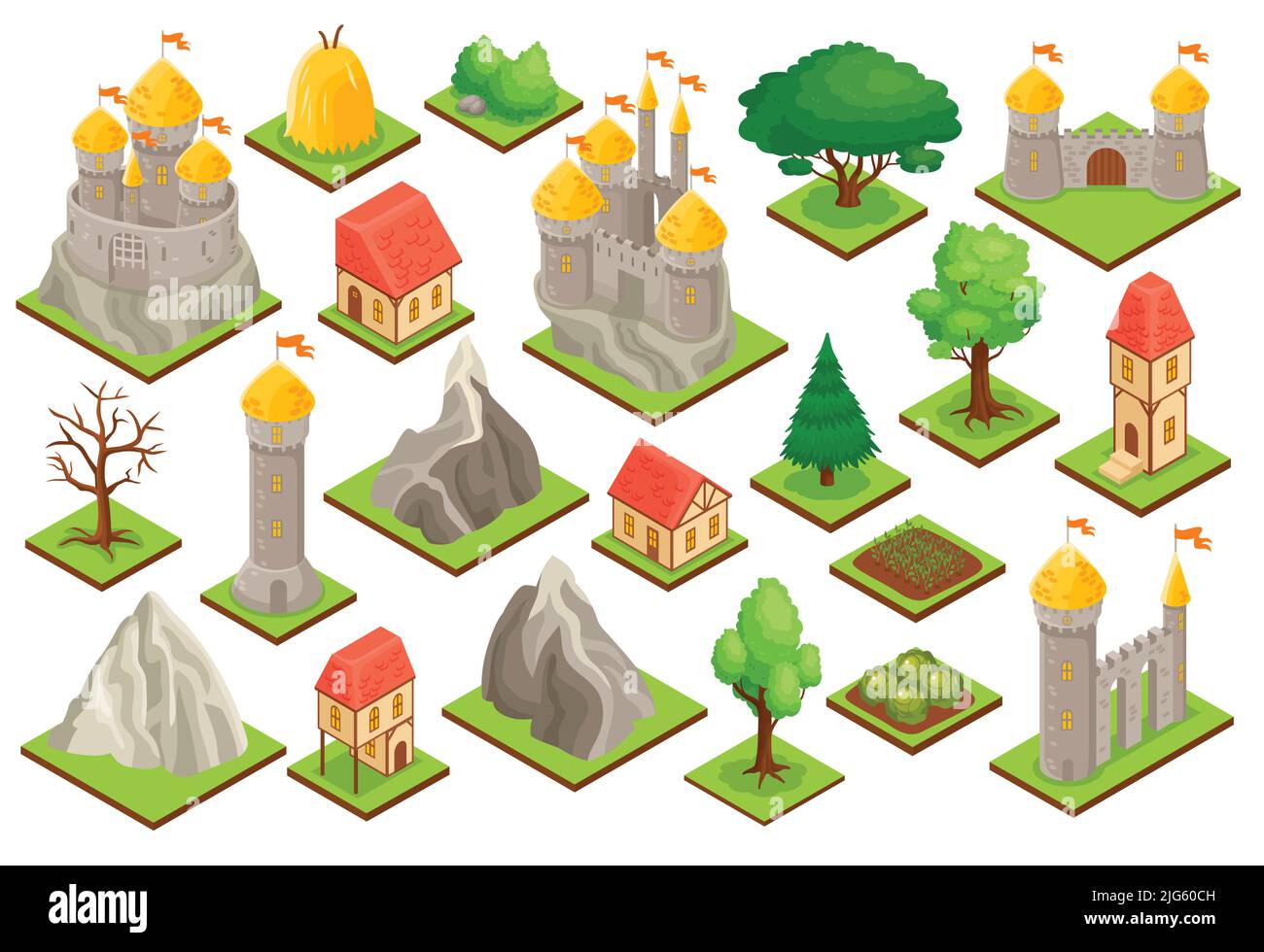 Icônes isométriques ensemble de tours de château médiéval porte ville maisons arbres buissons rochers isolés sur fond blanc 3D illustration vectorielle Illustration de Vecteur