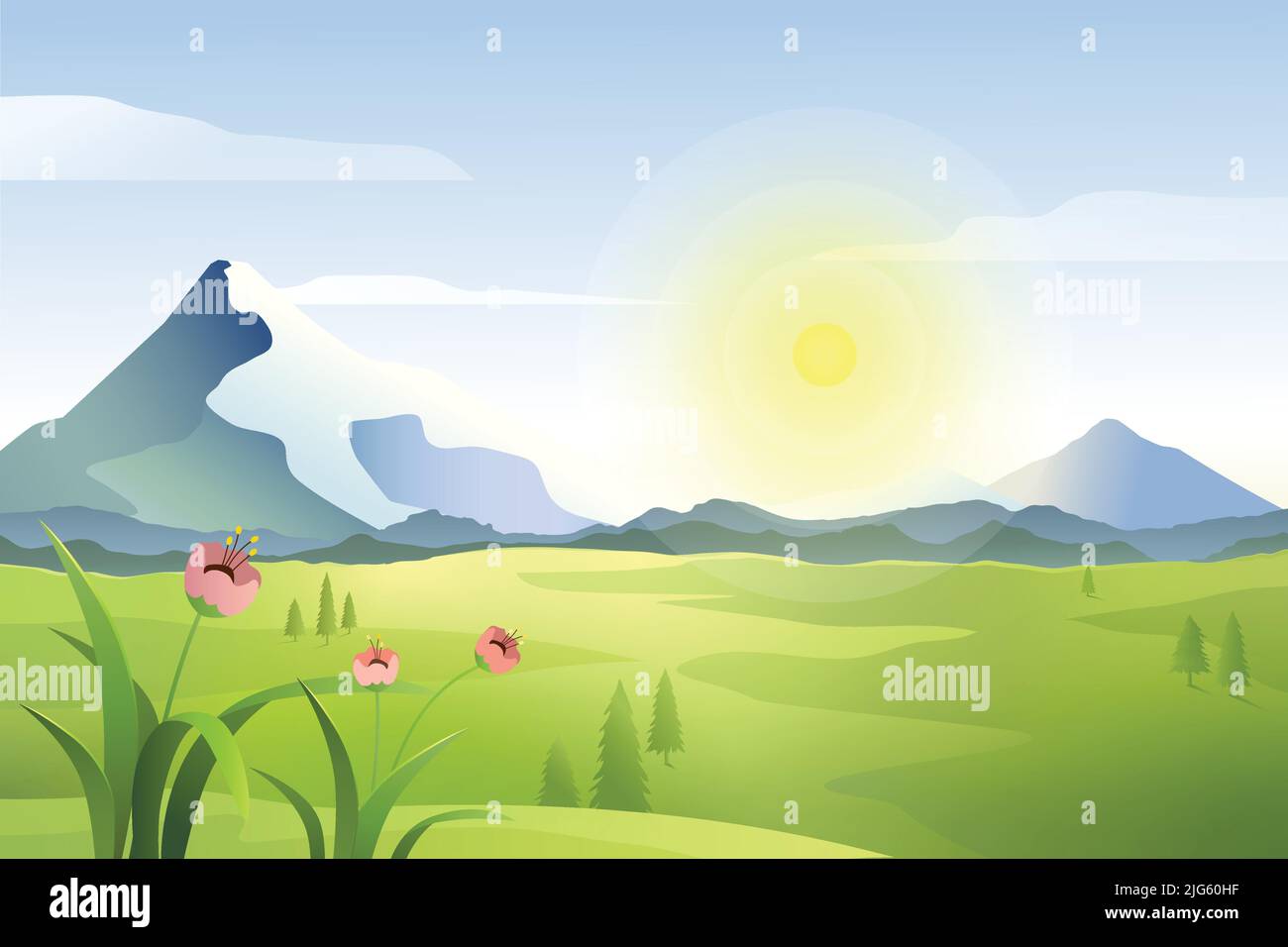 Paysage de large prairie verte avec des pins et des fleurs en fleurs, montagnes, collines, lever du soleil et ciel bleu, paysage de vallée en été. Illustration de Vecteur