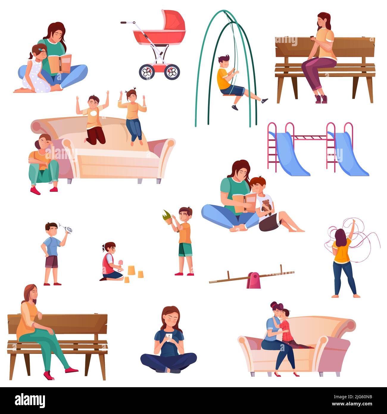 Ensemble de couleurs plates de maternité illustré de garde d'enfants à la maison à l'extérieur et sur l'aire de jeux pour enfants illustration vectorielle isolée Illustration de Vecteur