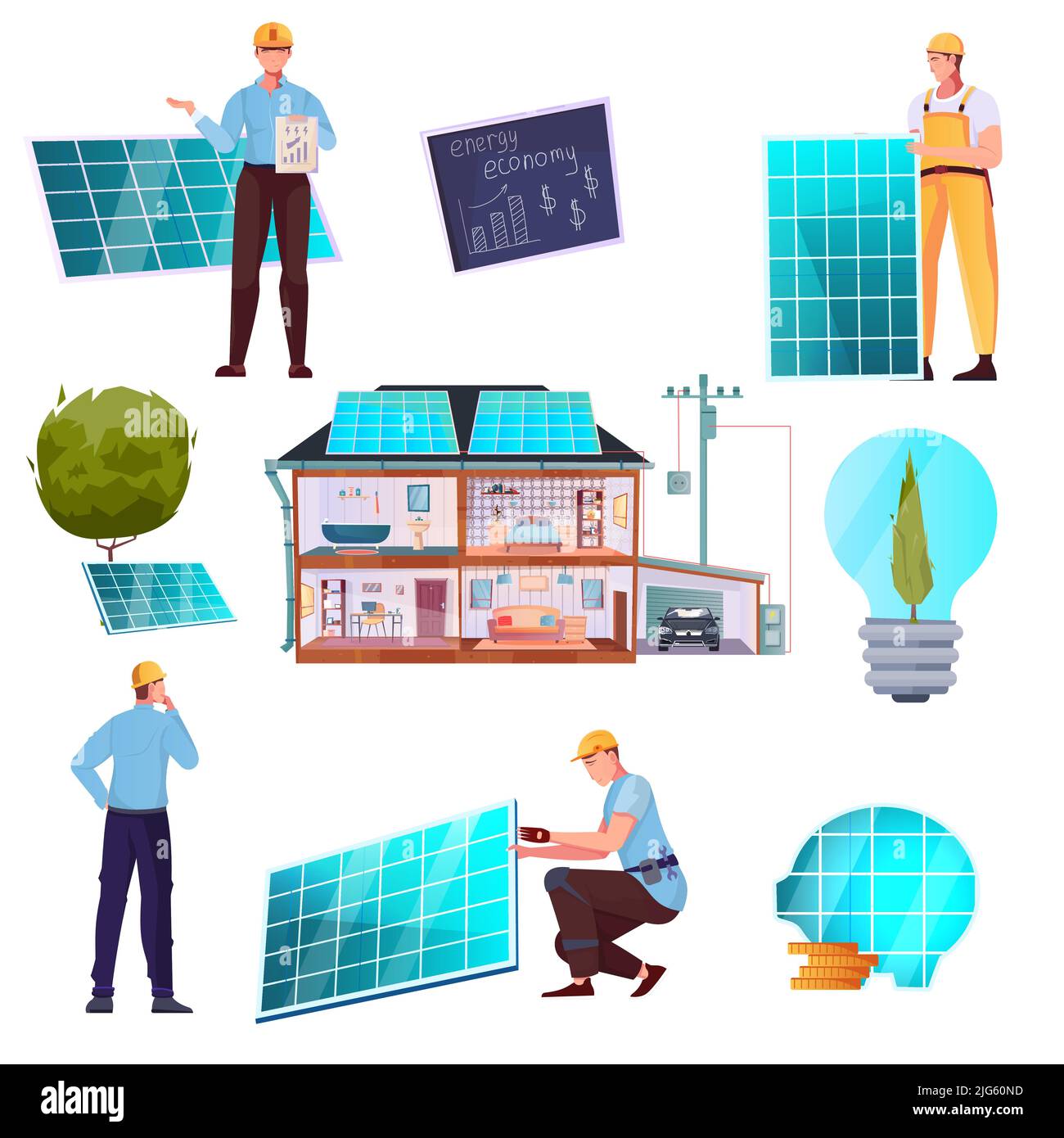 Kit d'énergie solaire plat de l'employé de la centrale et de la maison d'énergie solaire équipée de panneaux solaires sur le toit illustration vectorielle isolée Illustration de Vecteur