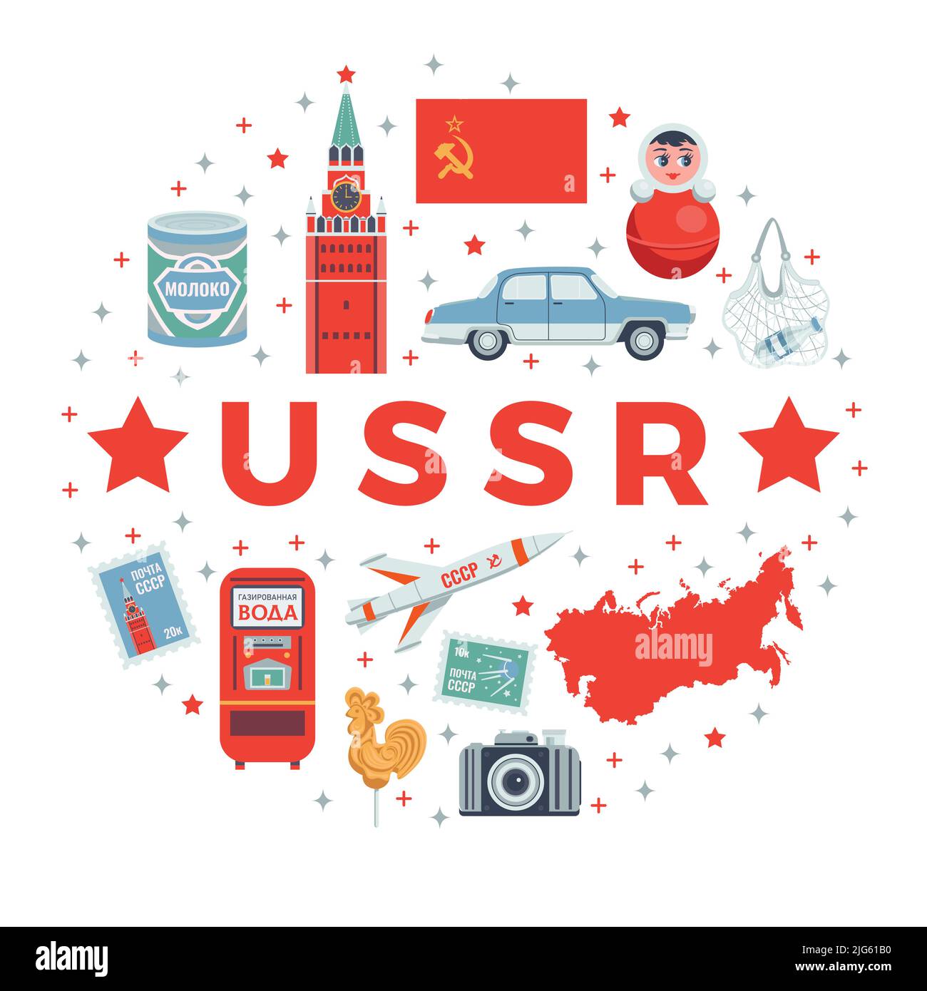Composition ronde de l'URSS avec des icônes isolées des symboles stéréotypes de l'Union soviétique étoiles rouges et avec les textes 'milk', 'urss post' et 'eau de chatouillement' vecto Illustration de Vecteur
