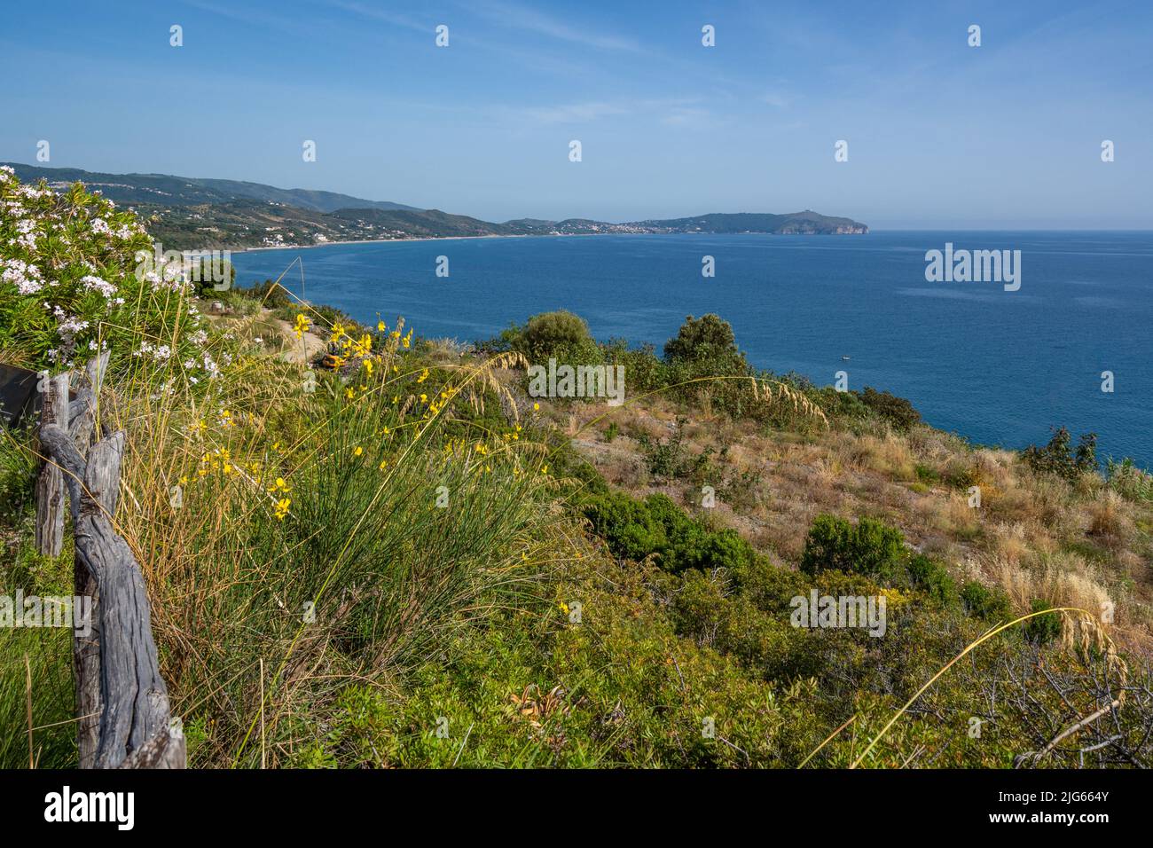 Vue panoramique sur la côte du Cilento avec de belles plages et mer claire, région de Campanie, Italie Banque D'Images