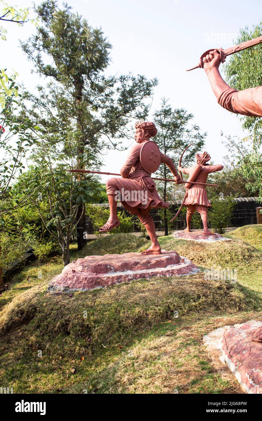 soldats de maratha, sculptures, fort de sinhgad, sculptures de l'inde Banque D'Images