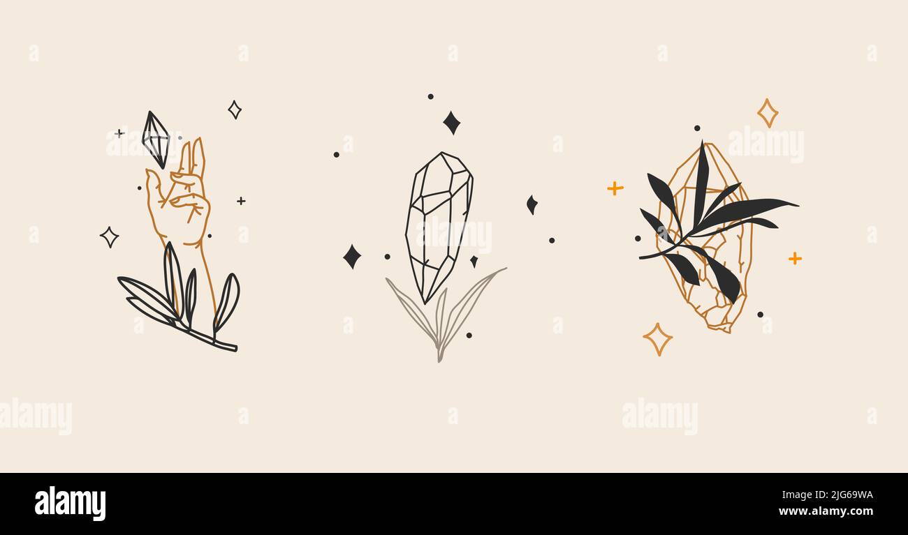 Collection d'illustrations graphiques à la main de vecteur abstrait stock plat ensemble avec éléments de logo, bohème signe d'art magique de pierre de pierre de cristal de pierre de pierre de pierre de pierre dans l'homme Illustration de Vecteur