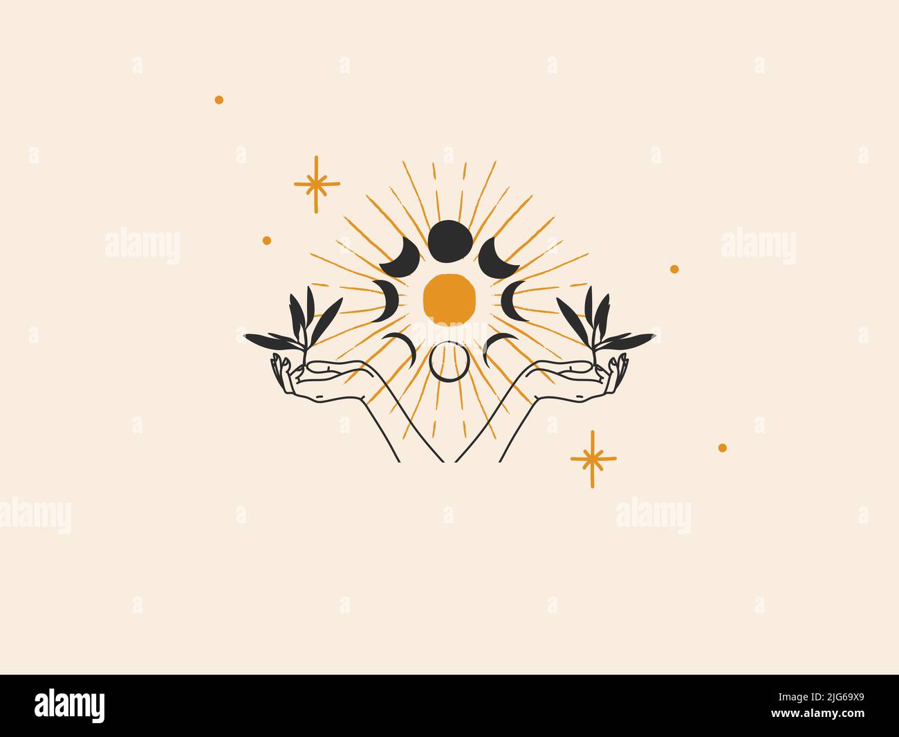Dessin à la main vecteur résumé stock plat illustration graphique avec élément de logo, bohème ligne magique art de soleil d'or, femme main et phases de lune en simple Illustration de Vecteur