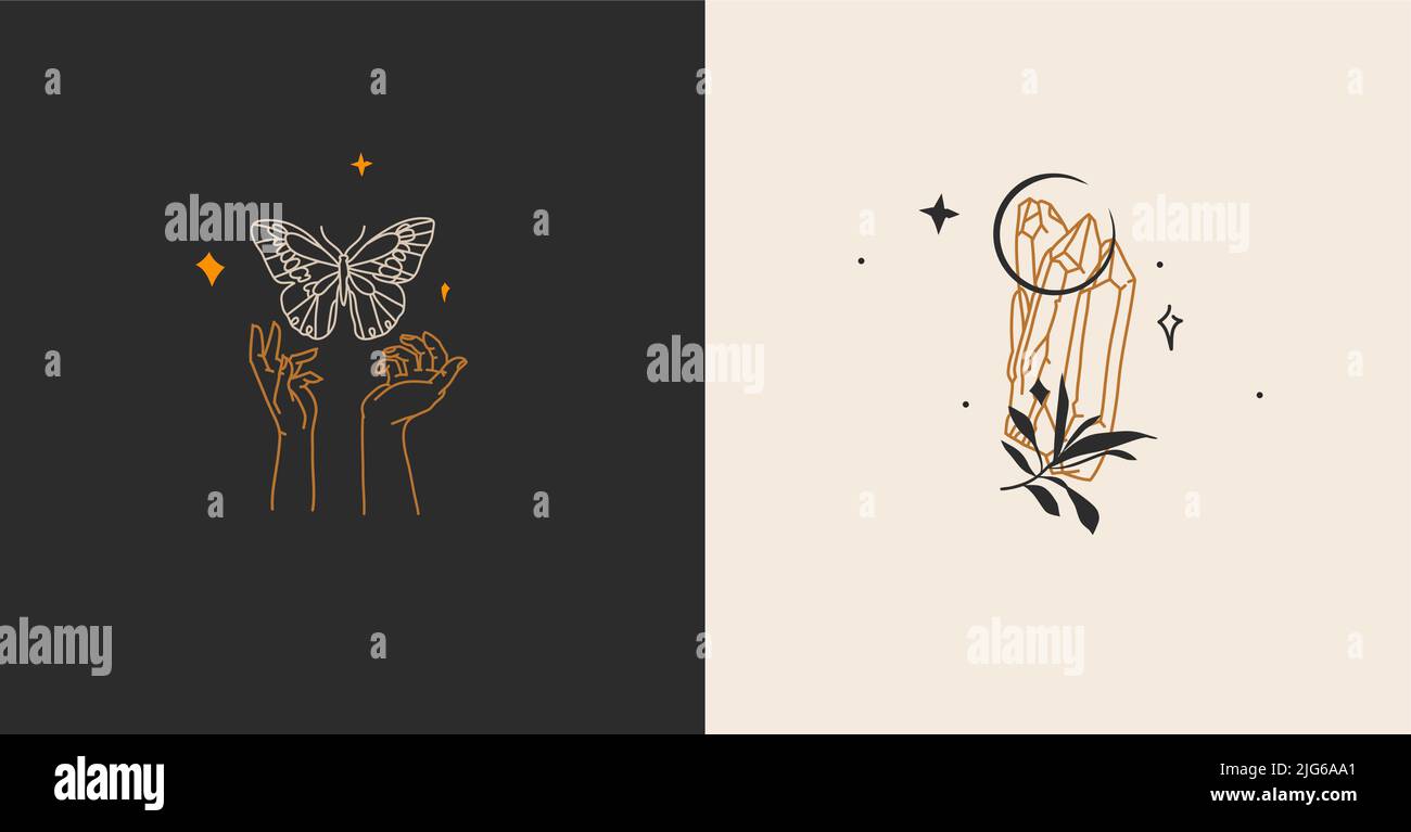 Collection d'illustrations graphiques à la main de vecteur abstrait stock plat ensemble avec éléments de logo, bohème signe d'art magique de pierre de pierre de cristal de pierre de pierre de pierre de pierre dans l'homme Illustration de Vecteur