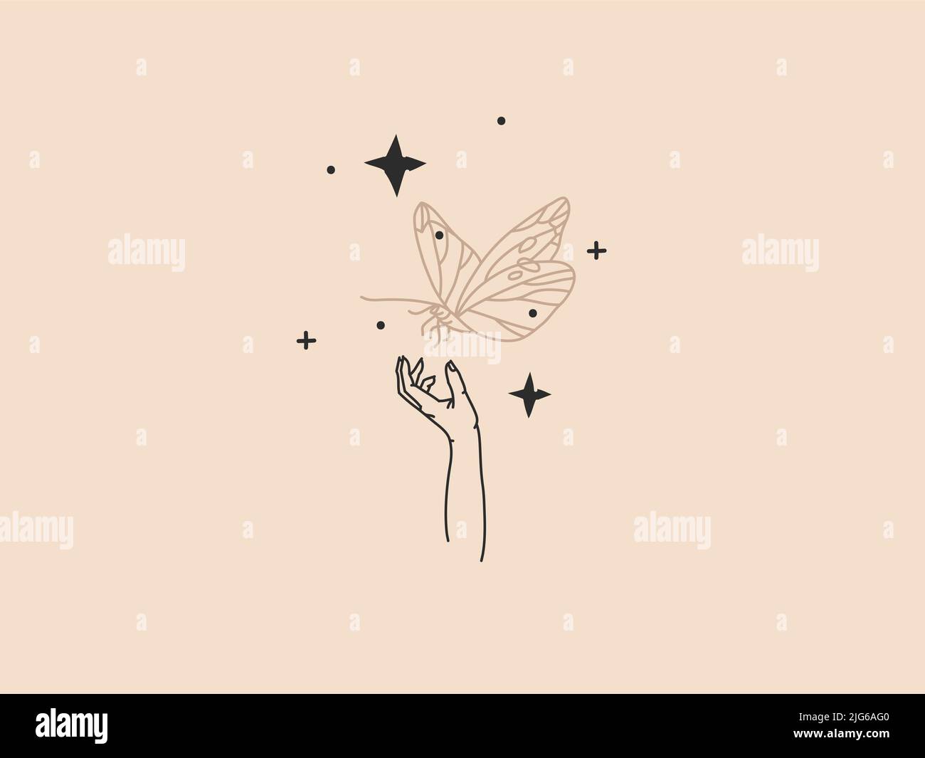 Dessin à la main vecteur résumé stock plat illustration graphique avec élément de logo, bohème magie art de pierre de cristal de pierre de pierre de pierre dans la main humaine et étoiles en simple Illustration de Vecteur