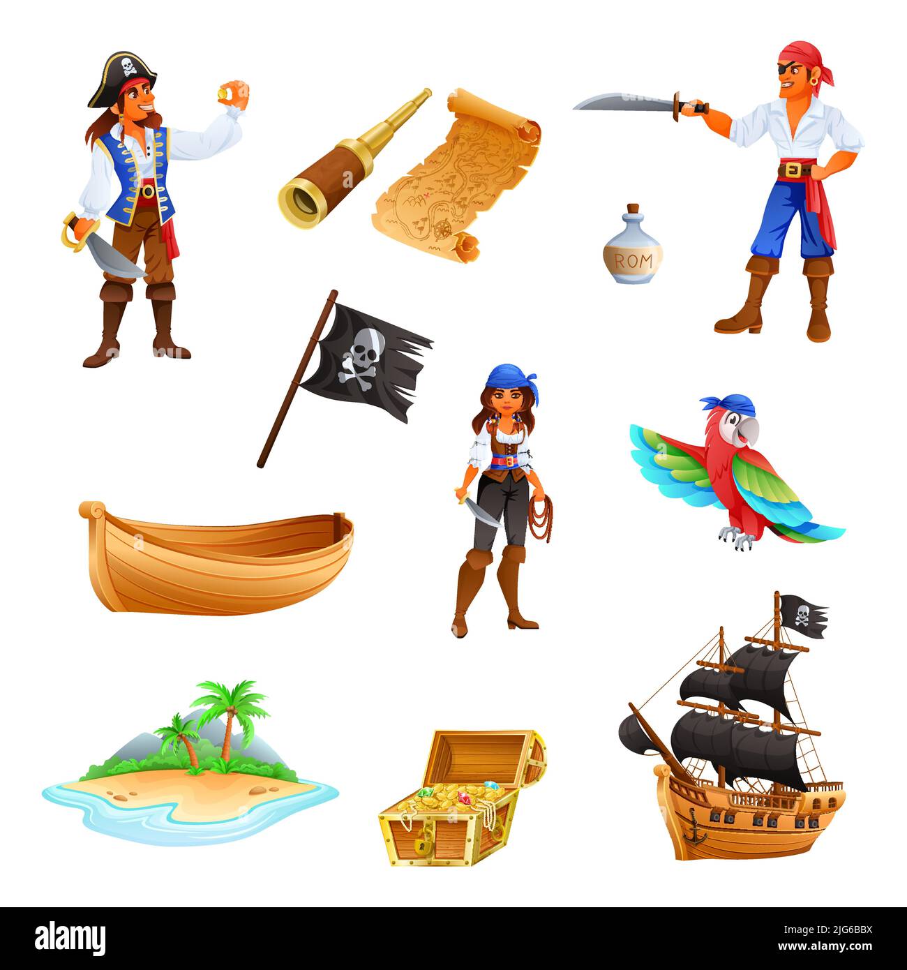 Ensemble d'images isolées de bateaux de pirate perroquets de trésors et d'autres illustrations de vecteur de dessin animé de pirates gizmos Illustration de Vecteur