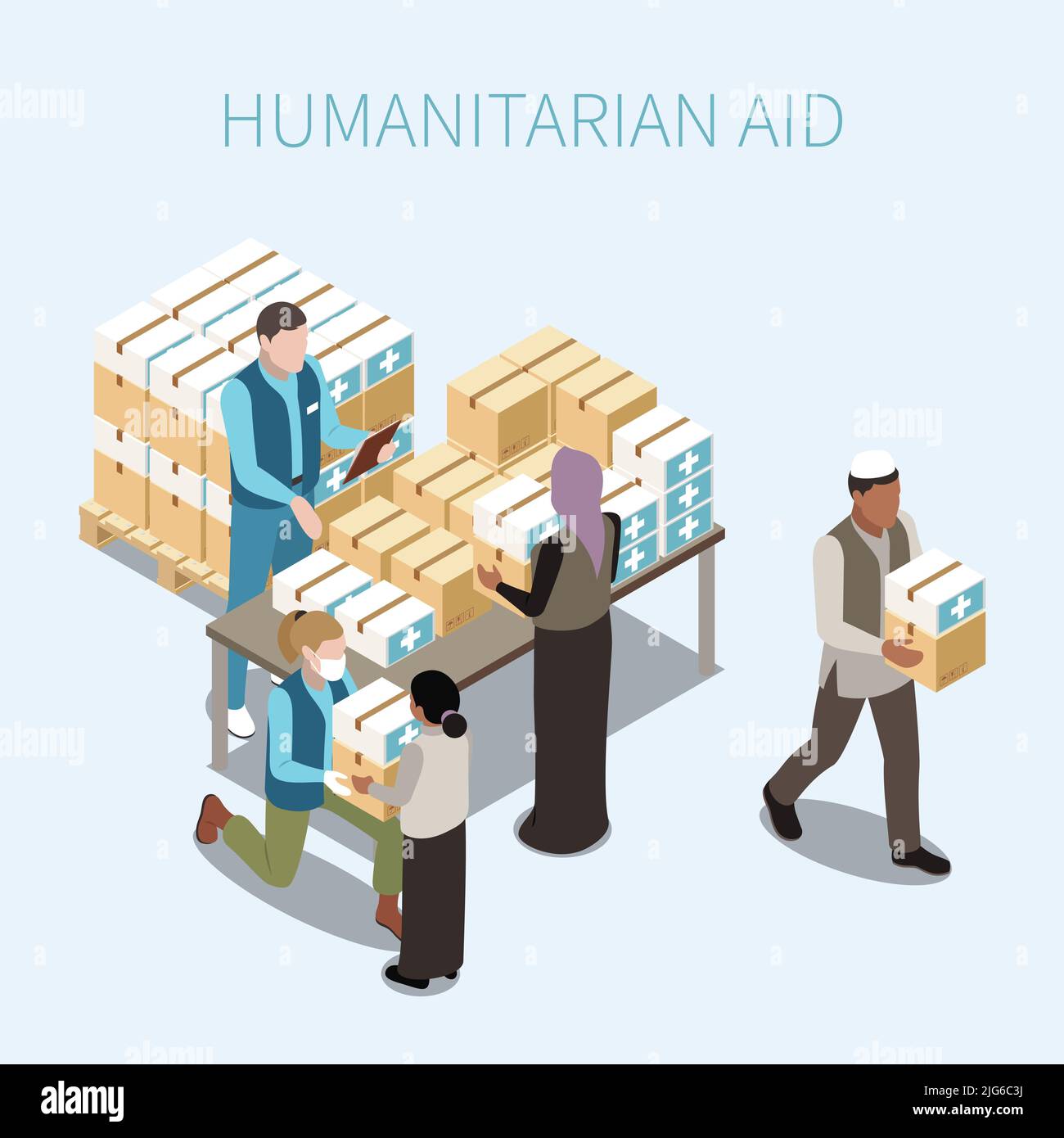 Aide humanitaire composition isométrique avec des volontaires donnant des boîtes d'aide avec des articles d'aide matérielle aux réfugiés illustration de vecteur Illustration de Vecteur