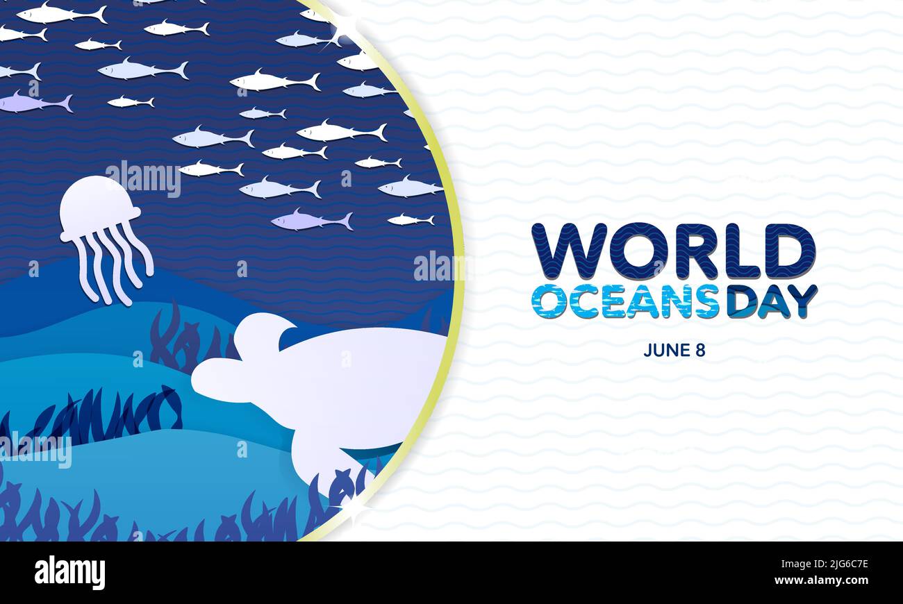 Concept d'art papier de la Journée mondiale des océans. Modèle carré avec espace de copie. Océan à l'origami en papier bleu à l'intérieur d'un cadre en forme de poisson avec tortue, gelée de poisson. Illustration de Vecteur