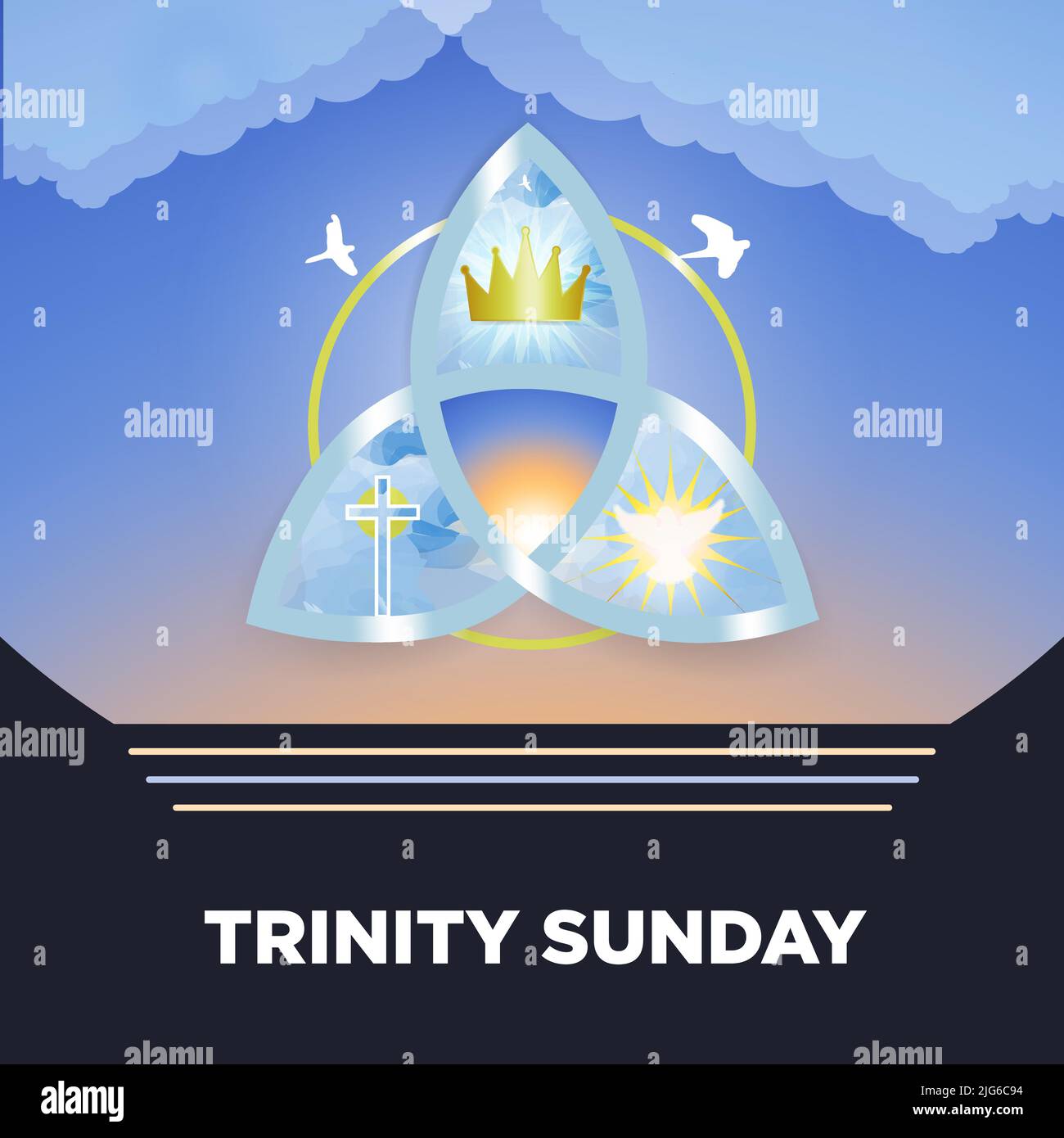 Carte de vœux Trinity Sunday. Trinité religieuse, couronne, croix, esprit Saint, colombe. Illustration de Vecteur