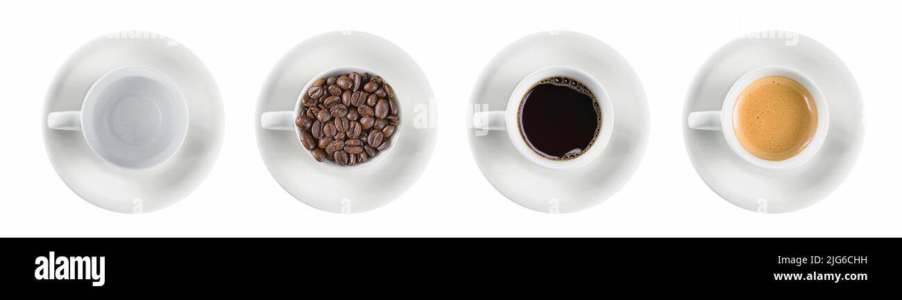Ensemble de tasses à café en gros plan avec vue sur le dessus isolé Banque D'Images