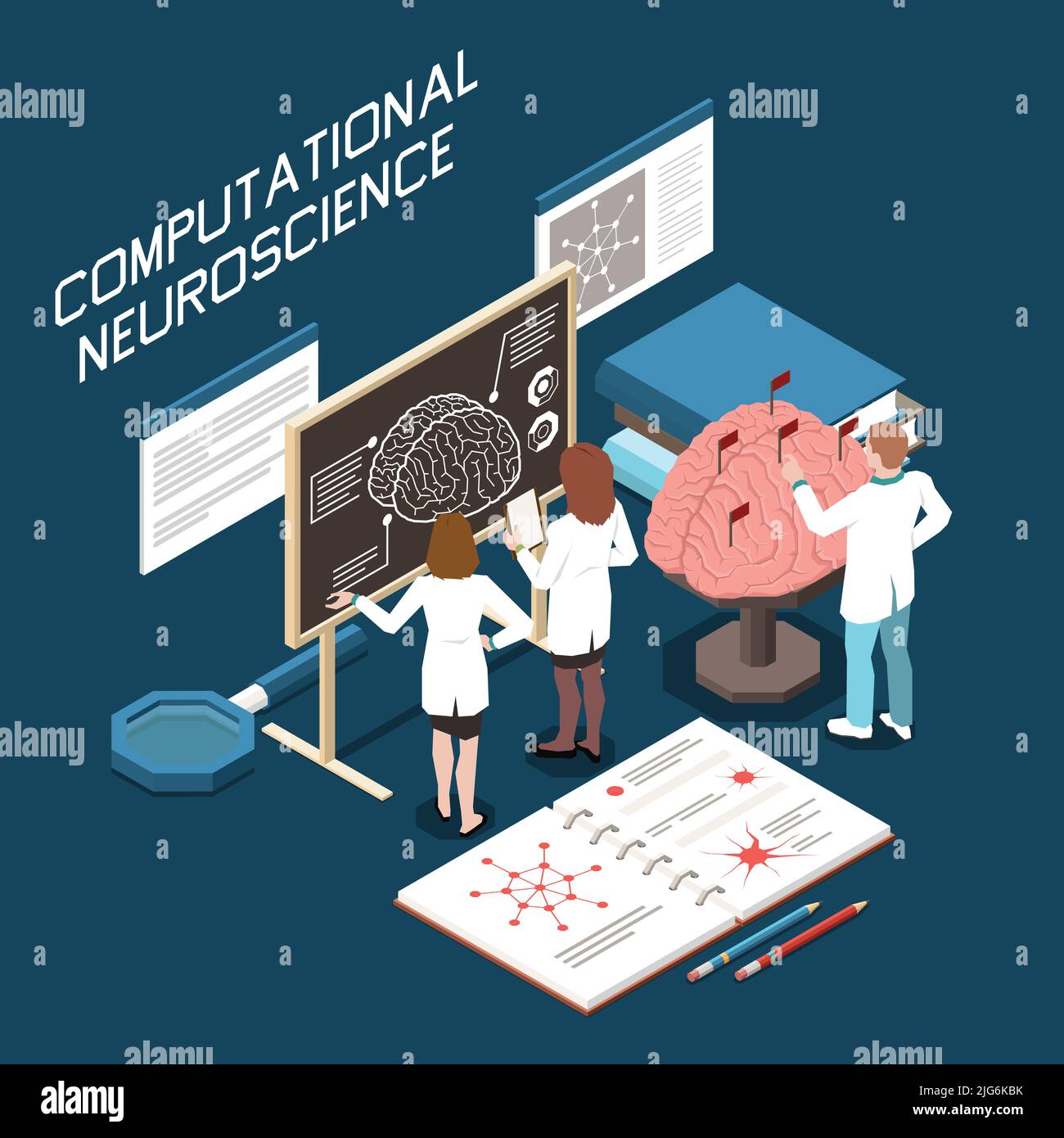 Composition isométrique en neurosciences computationnelles avec groupe de scientifiques travaillant avec l'illustration vectorielle du modèle 3D du cerveau Illustration de Vecteur