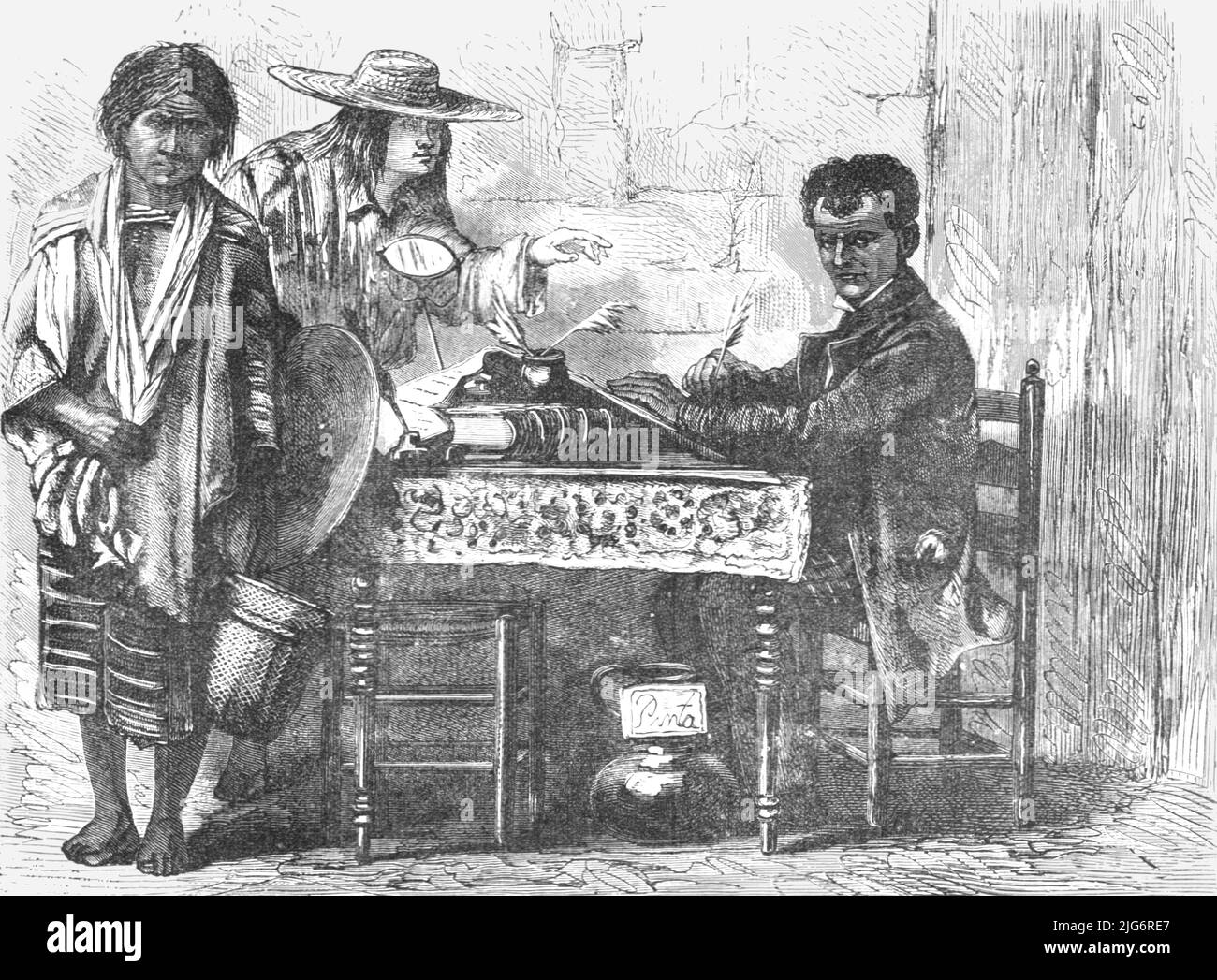 'Un Evangelista, Un voyage en zigzag à travers le Mexique', 1875. [Autochtones avec un homme à un bureau de rédaction, peut-être un scribe]. De, 'Travels illustré' par H.W. Bates. [Cassell, Petter et Galpin, c1880, Londres] Banque D'Images