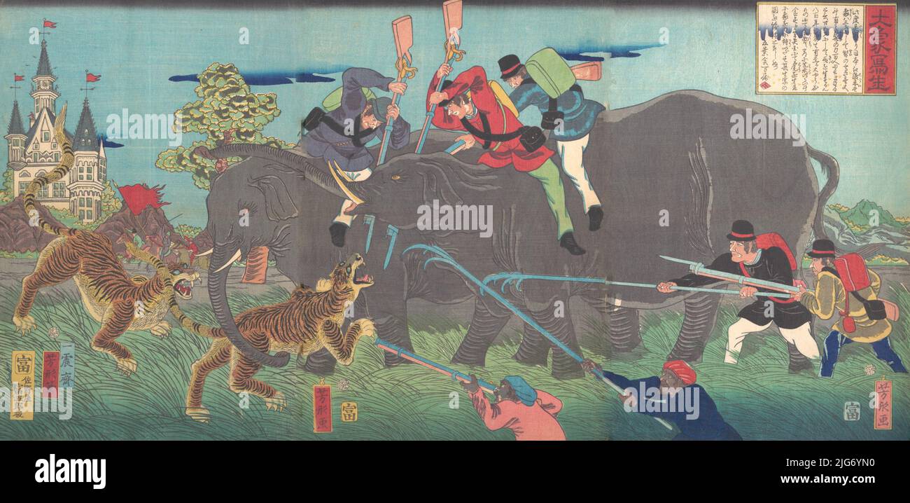 Gros éléphants attaqués, 2nd mois, 1863. Banque D'Images
