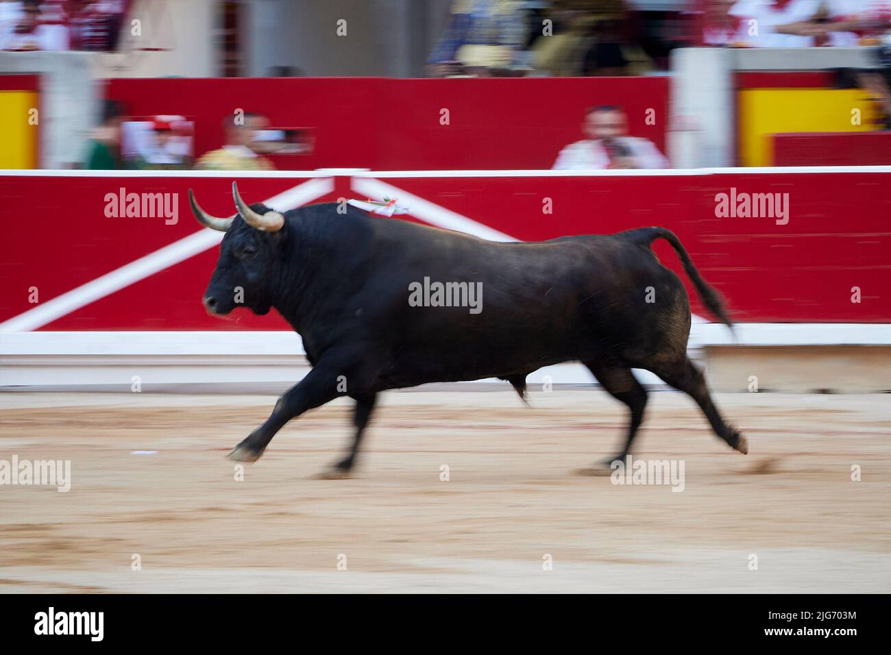 Un taureau lors d'un taureau au Festival de San Fermin, à Pampelune, dans le nord de l'Espagne, 7 juillet 2022 (photo de Ruben Albarran / PRESSINPHOTO) Banque D'Images