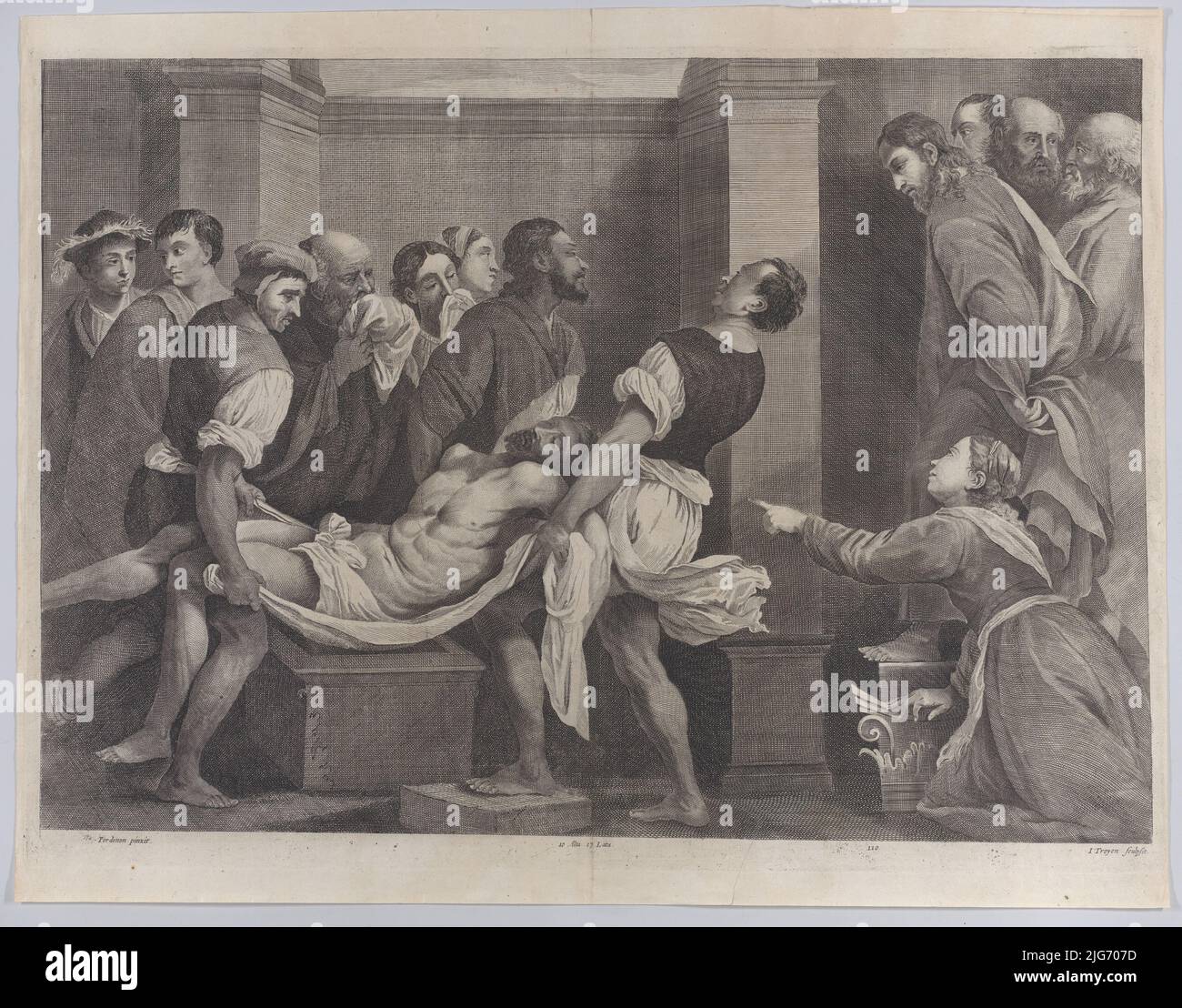 L'élévation de Lazarus, qui est portée par trois hommes à gauche, tandis que sa sœur et le Christ regardent à droite; de 'Theatrum Pictorium', après Pordenone, ca. 1656-60. Banque D'Images
