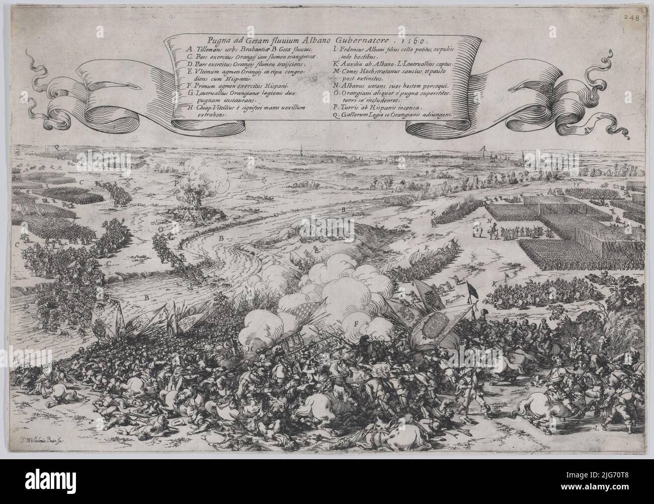 Scène de bataille : forces dirigées par Guillaume d'Orange traversant la rivière Gete pour attaquer l'armée du duc d'Alba, à partir de 'de Bello Belgico', 1632. Banque D'Images