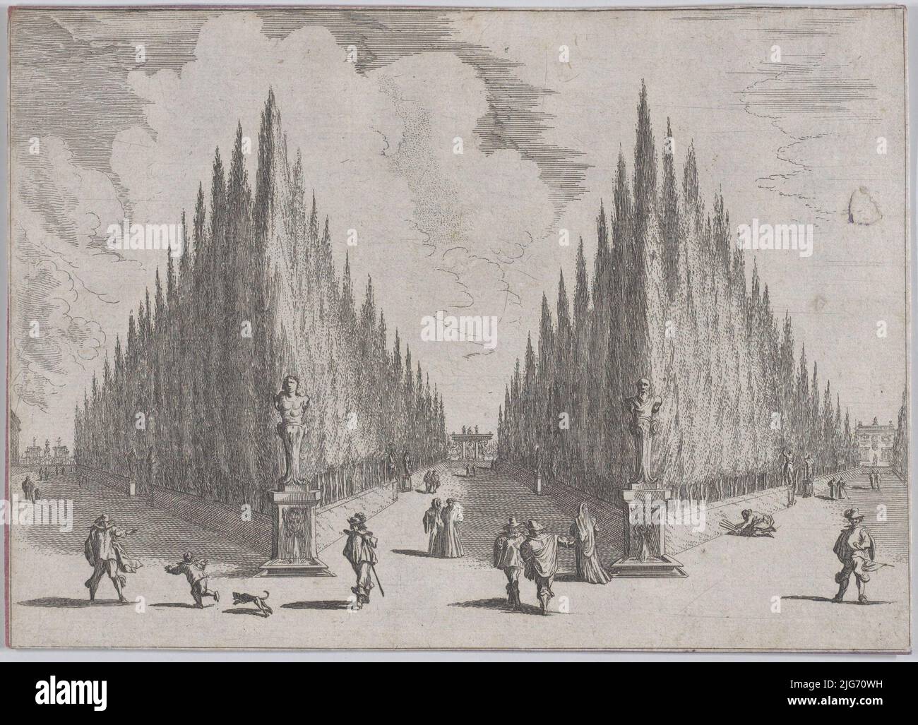 Trois alles&#xe9;s séparés par deux groupes d'arbres dans des configurations pointues, de 'Views of Gardens' (Vedute de' Giardini), 1636. Banque D'Images