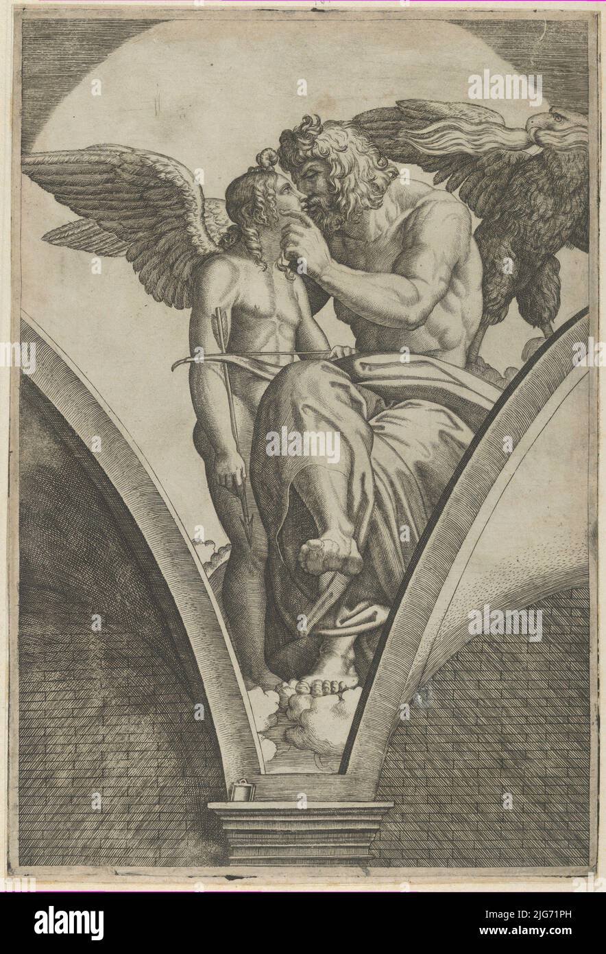 Jupiter embrassant Cupid après la fresque de Raphaël dans la Galerie Chigi de la Villa Farnesina à Rome, ca. 1517-20. Banque D'Images