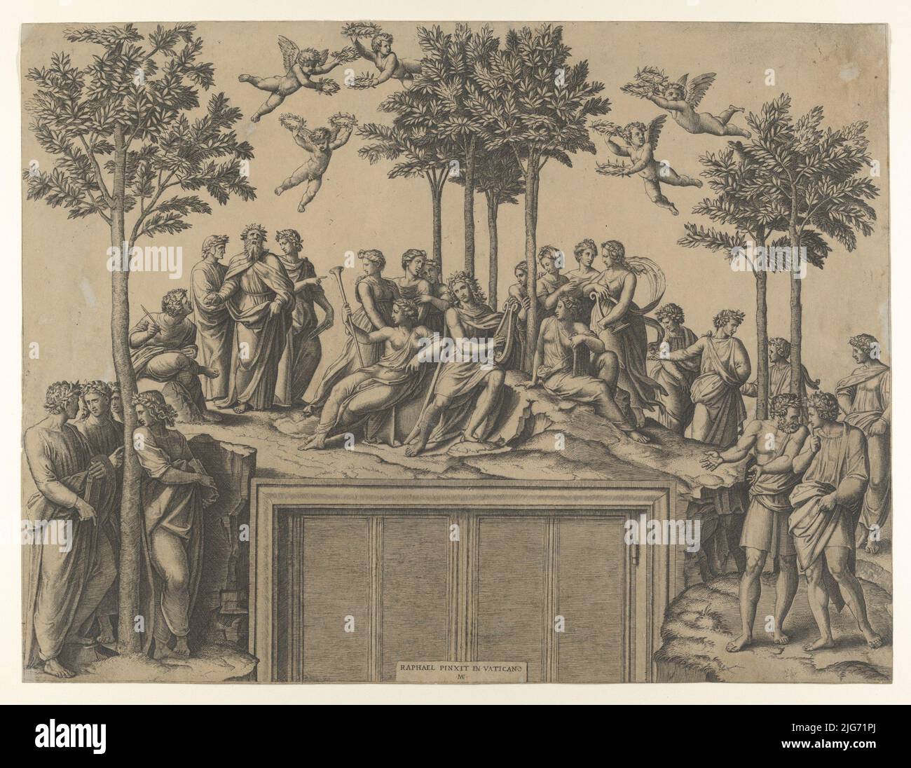 Apollon assis sur Parnassus entouré par les muses et les poètes célèbres, ca. 1517-20. Banque D'Images