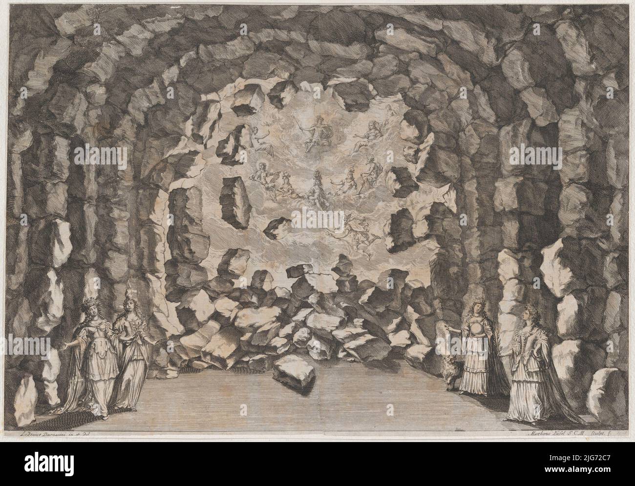 Une grotte aux rochers qui s'effondrent, qui s'ouvre sur un ciel plein des dieux de l'Olympe, dont Jupiter, Apollon, Mars, Vénus, Et Mercury; Set design de 'la Monarchia Latina Trionfante', 1678. Banque D'Images