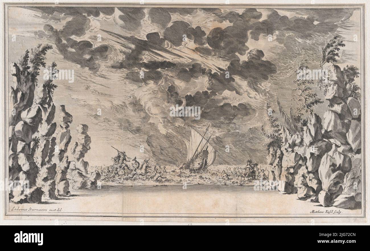 Un rivage encadré de rochers, avec Neptune dans son char à gauche et Salacia dans ses vers à droite; au centre, un navire pris dans une tempête; a mis le design de 'il Pomo d'Oro', 1668. Banque D'Images