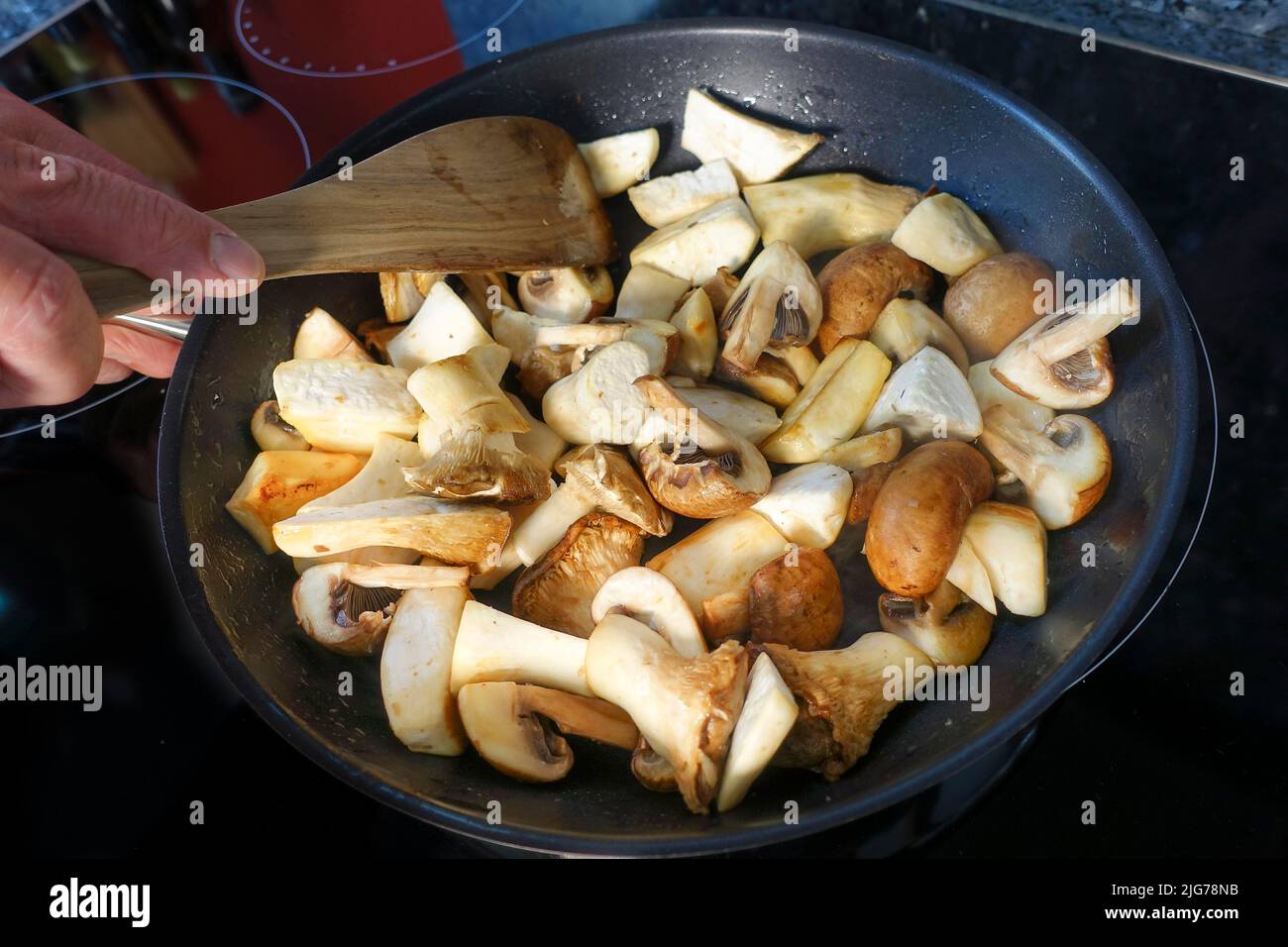 Cuisine souabe, préparation de Bubaspitzle avec des légumes du four, des trompettes (Pleurotus eryngii), des champignons (Agaricus) (Syn. : Banque D'Images