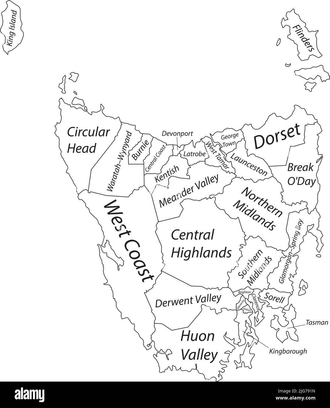 Carte blanche des régions gouvernementales locales de TASMANIE, AUSTRALIE Illustration de Vecteur