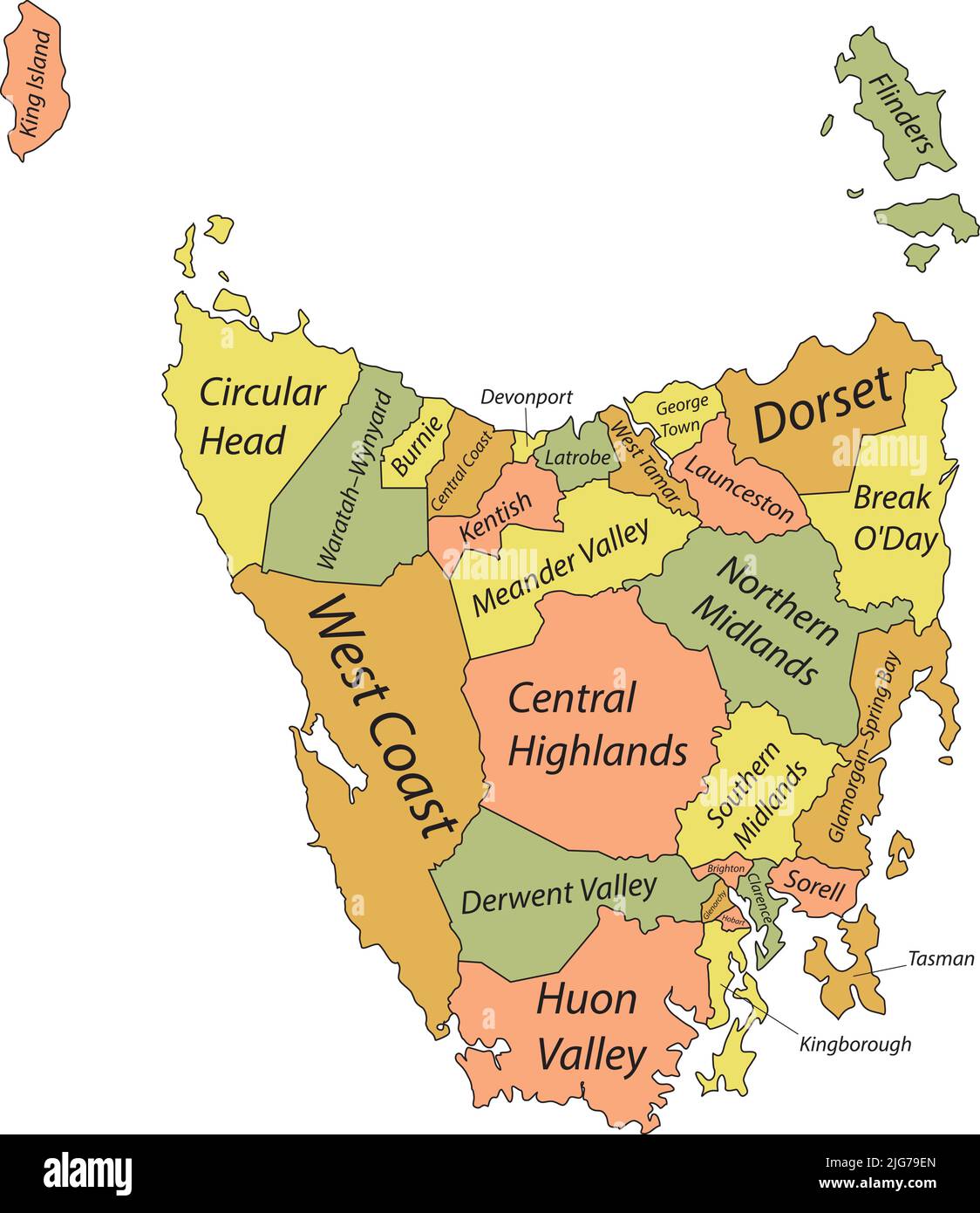 Carte avec étiquette pastel des régions gouvernementales locales de TASMANIE, EN AUSTRALIE Illustration de Vecteur