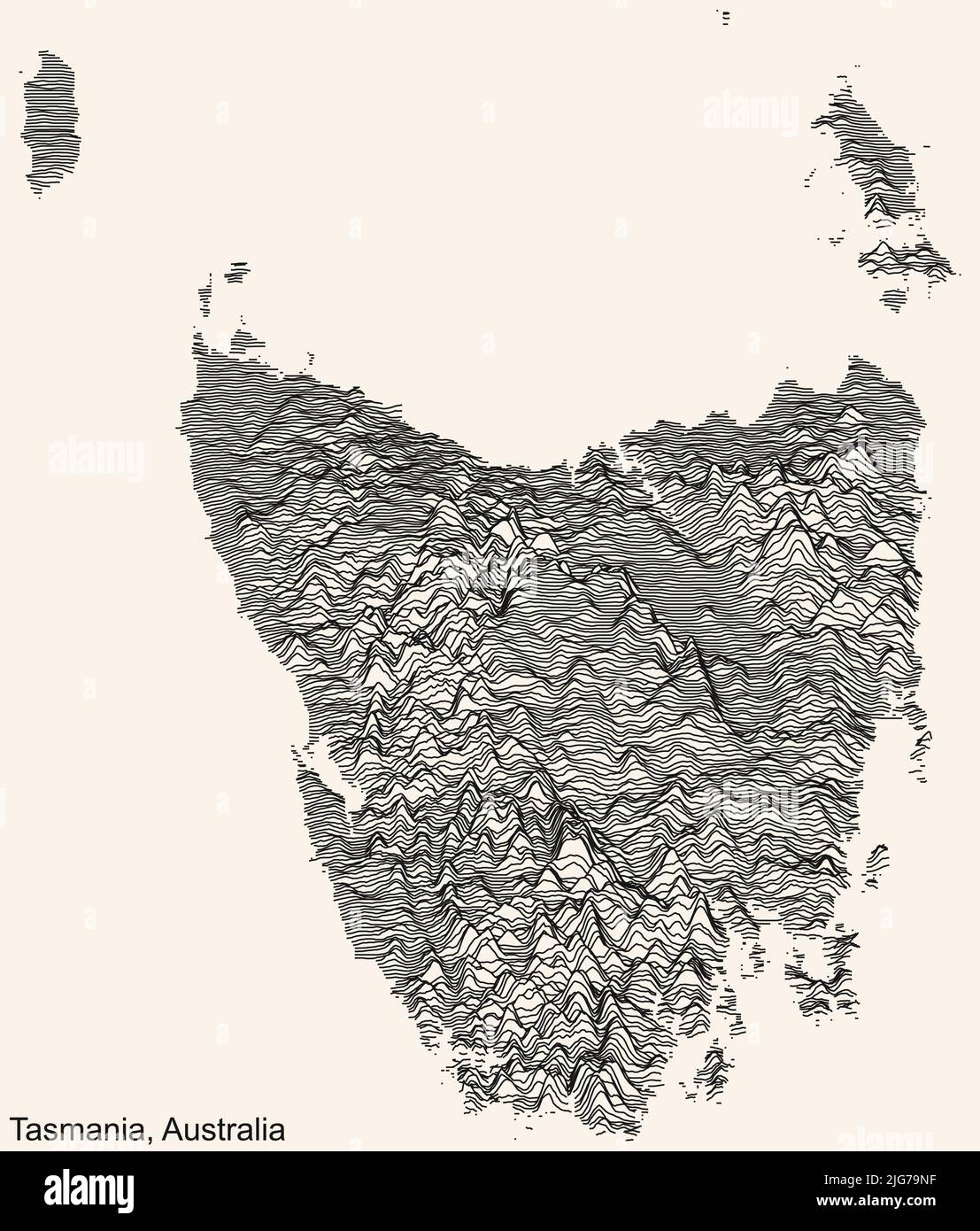 Carte topographique de l'État australien de TASMANIE, AUSTRALIE avec lignes de contour noires sur fond beige vintage Illustration de Vecteur