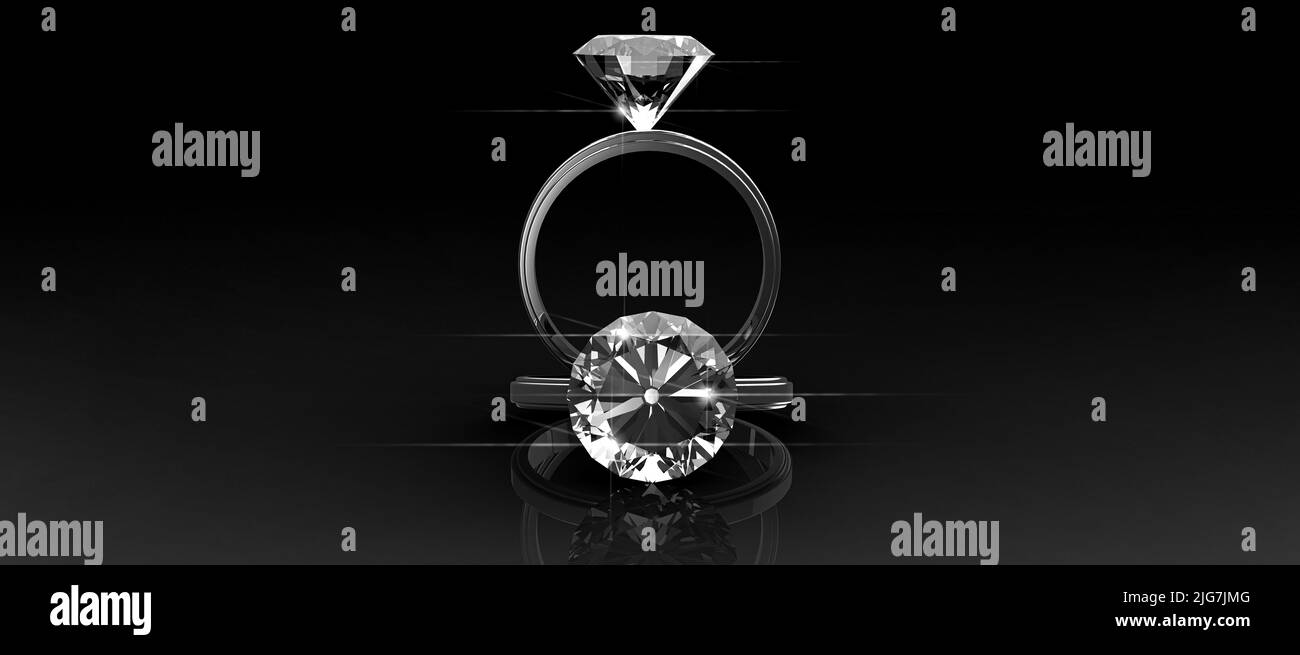 Illustration de rendu des anneaux de diamant isolés 3D.diamant de coupe ronde sur fond blanc brillant, lumière arrière, ombre, rayons caustiques. Banque D'Images