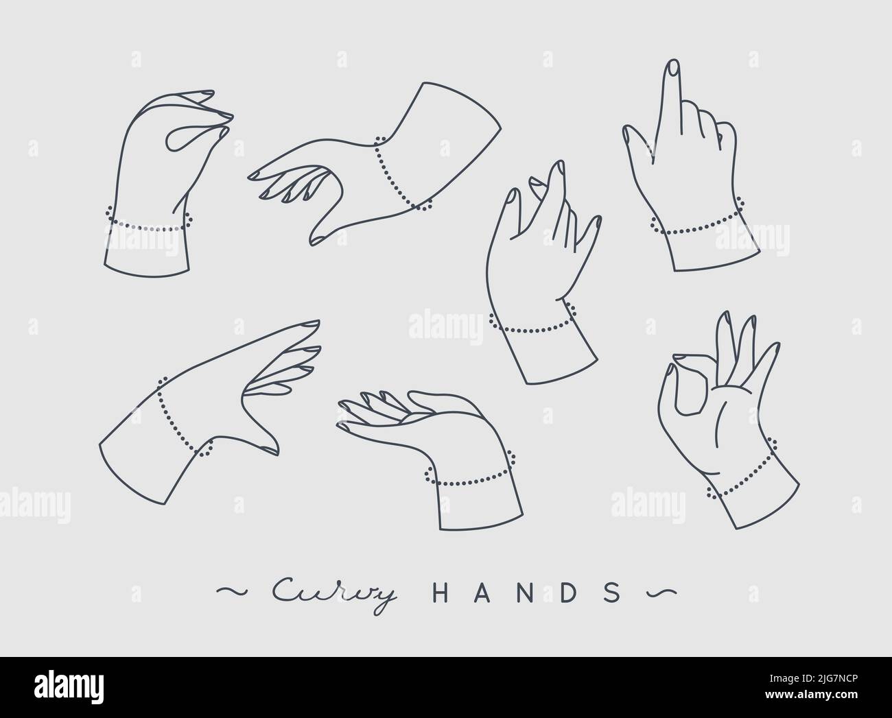 Ensemble de mains courbes avec icônes de doigts dans différentes positions, dessinant sur fond gris Illustration de Vecteur