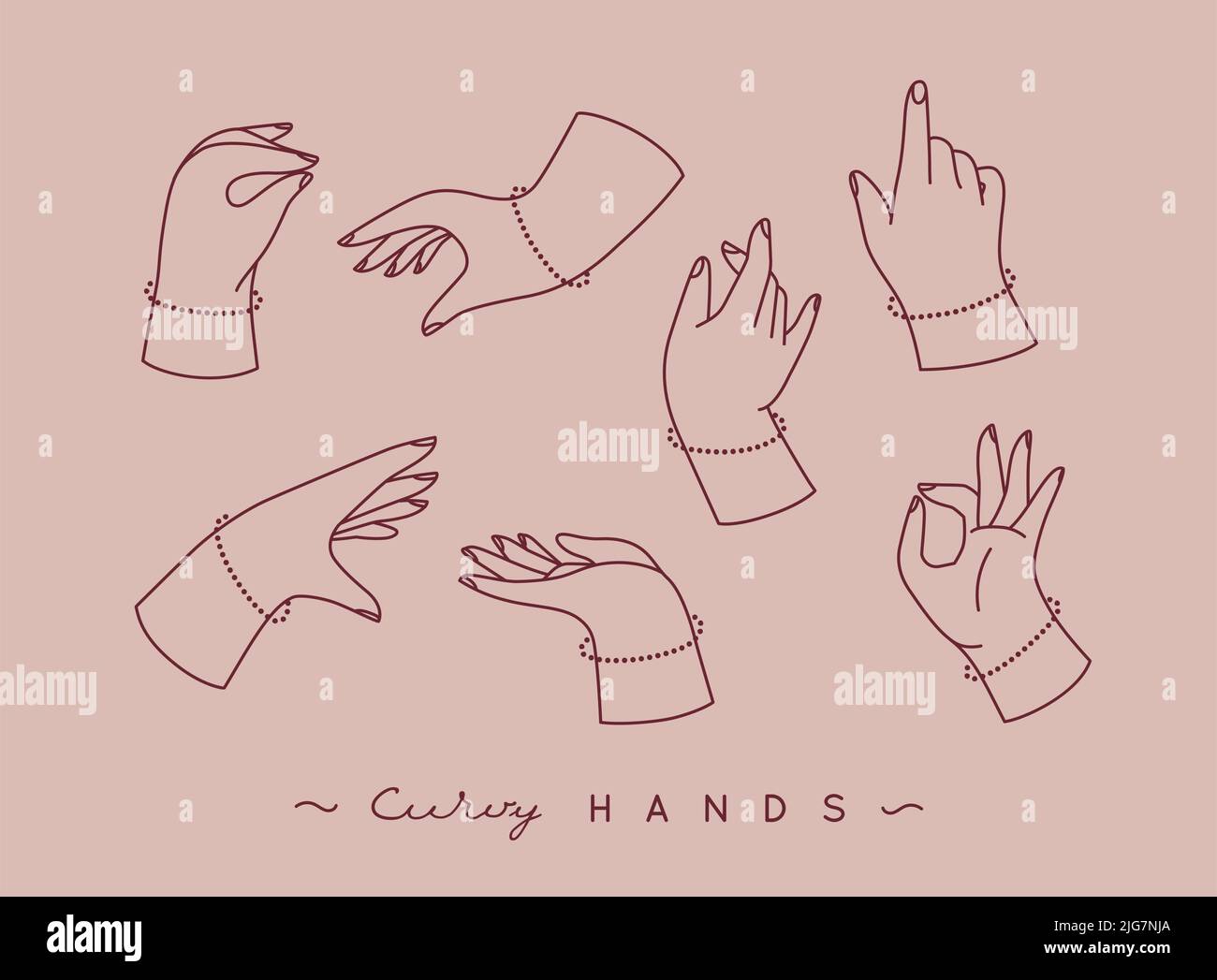 Ensemble de mains courbes avec icônes de doigts dans différentes positions, dessinant sur fond pêche Illustration de Vecteur