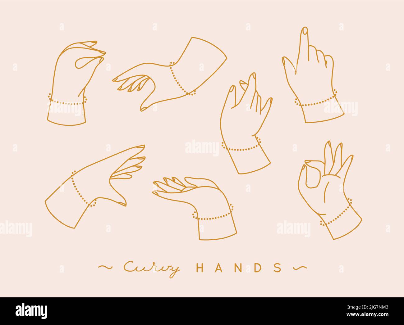 Jeu de mains courbes avec icônes de doigts dans différentes positions, dessinant sur fond beige Illustration de Vecteur