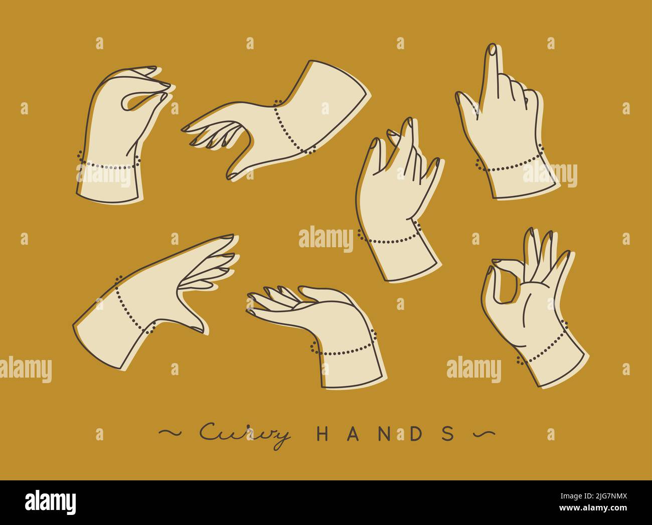 Jeu de mains courbes avec des icônes de doigts dans différentes positions dessiner avec la couleur beige sur fond moutarde Illustration de Vecteur